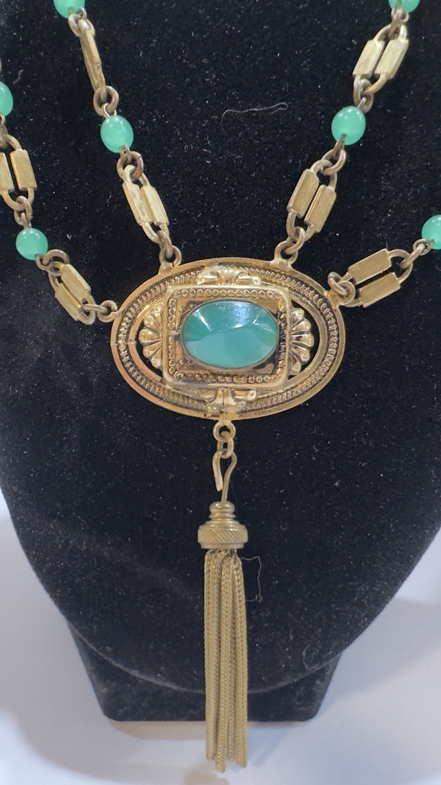 Antique Victorian Revival Green Chrysoprase Glass & Tassel Necklace Czech