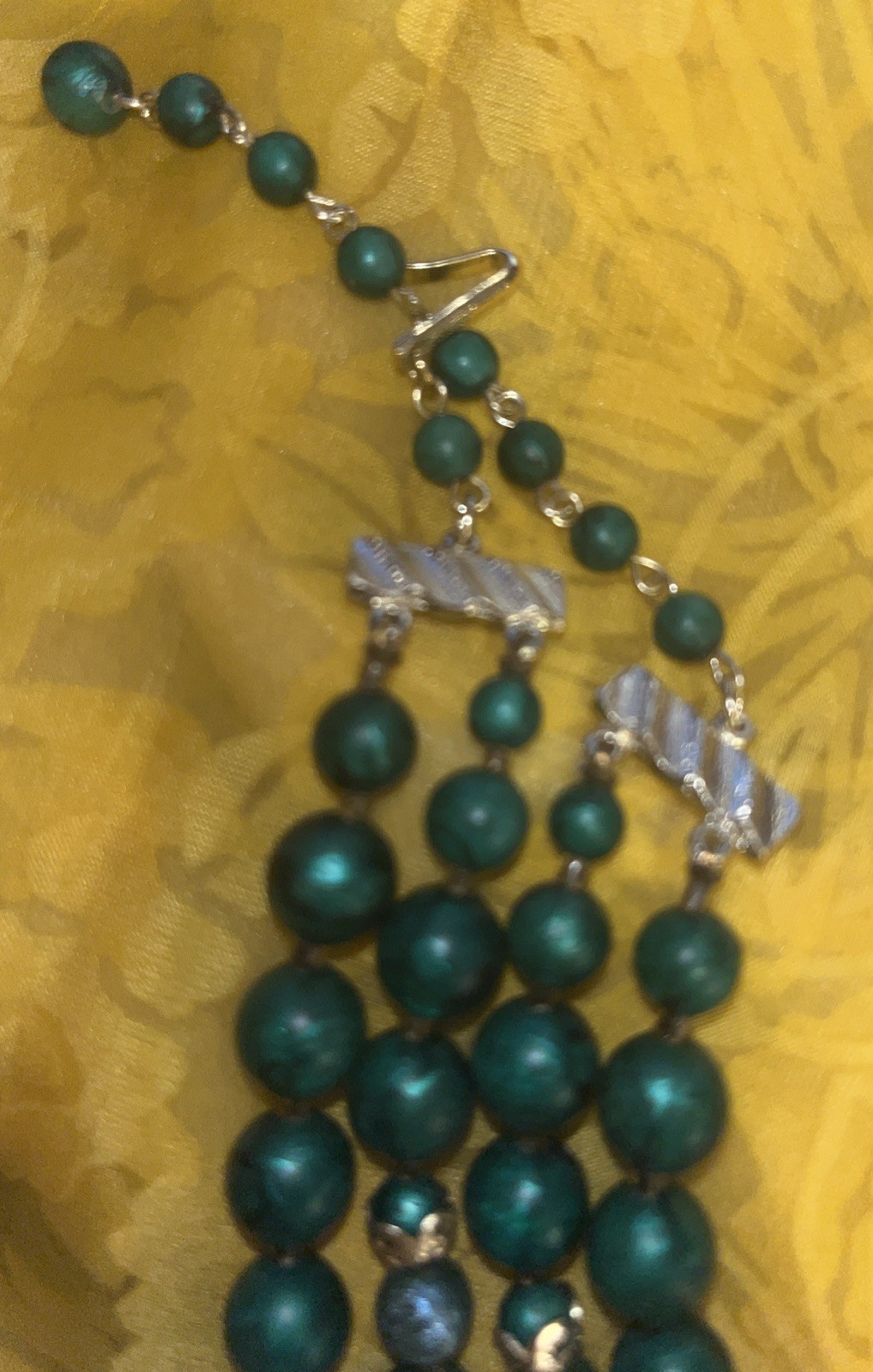 Vintage Green Beaded Acrylic Necklace Japan 18” Double Strand, Gold Tone