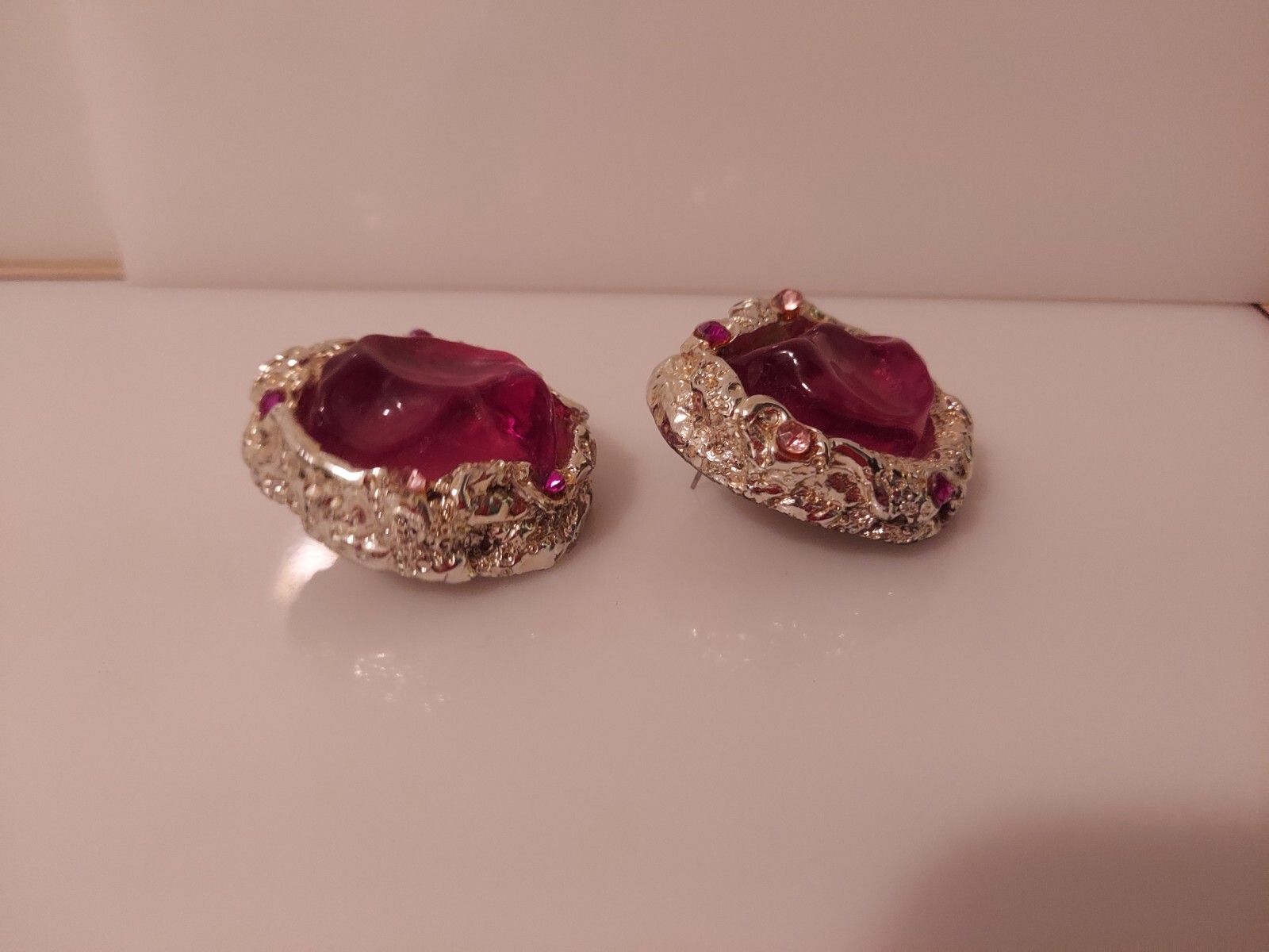 purple lavender lozenge crinkled metal earrings statement posts rhinestones 1.5″