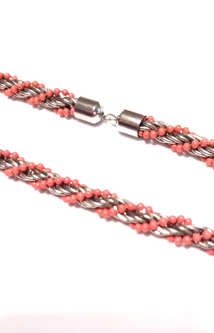 vintage faux coral bead silver tone twist choker 17.5 in