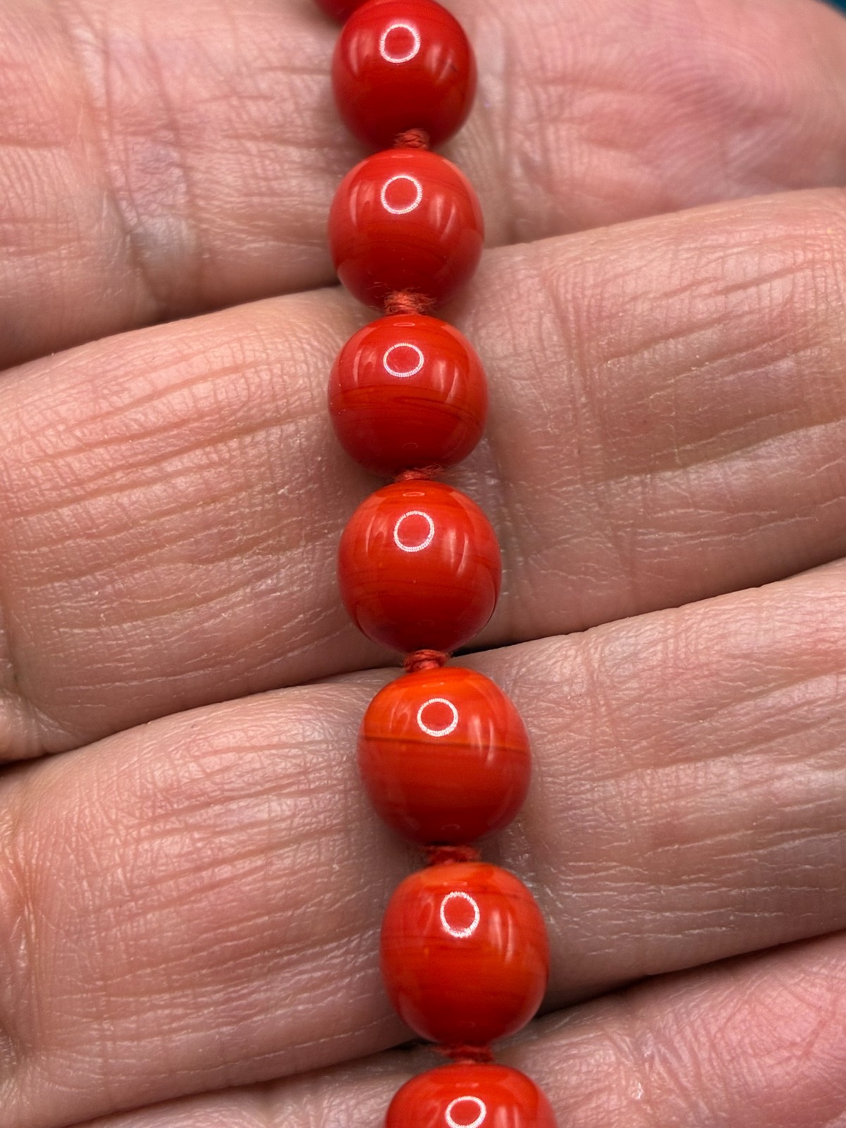 Vintage Glass Beaded Necklace Red Hand Knotted Decorative Clasp 15″