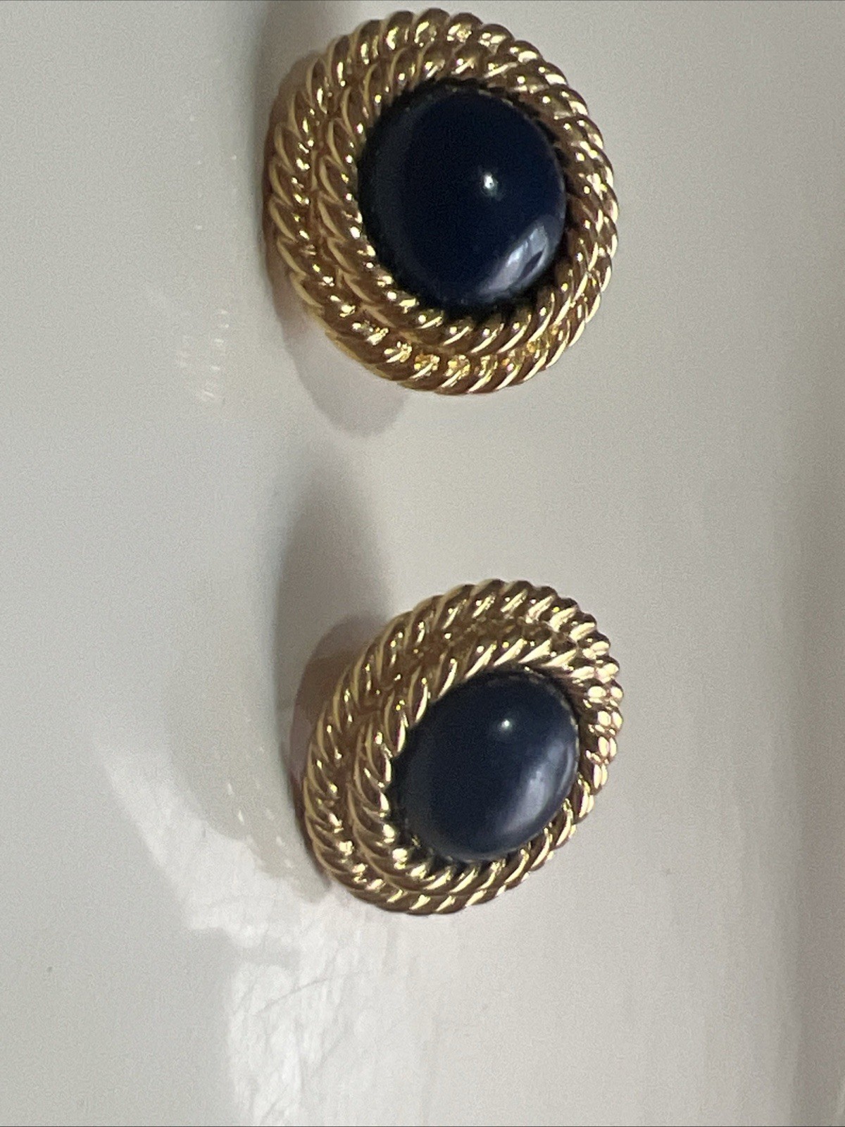 Vtg Napier Textured Rope Twist Blue Cabochon Earrings Gold Plated Pierced