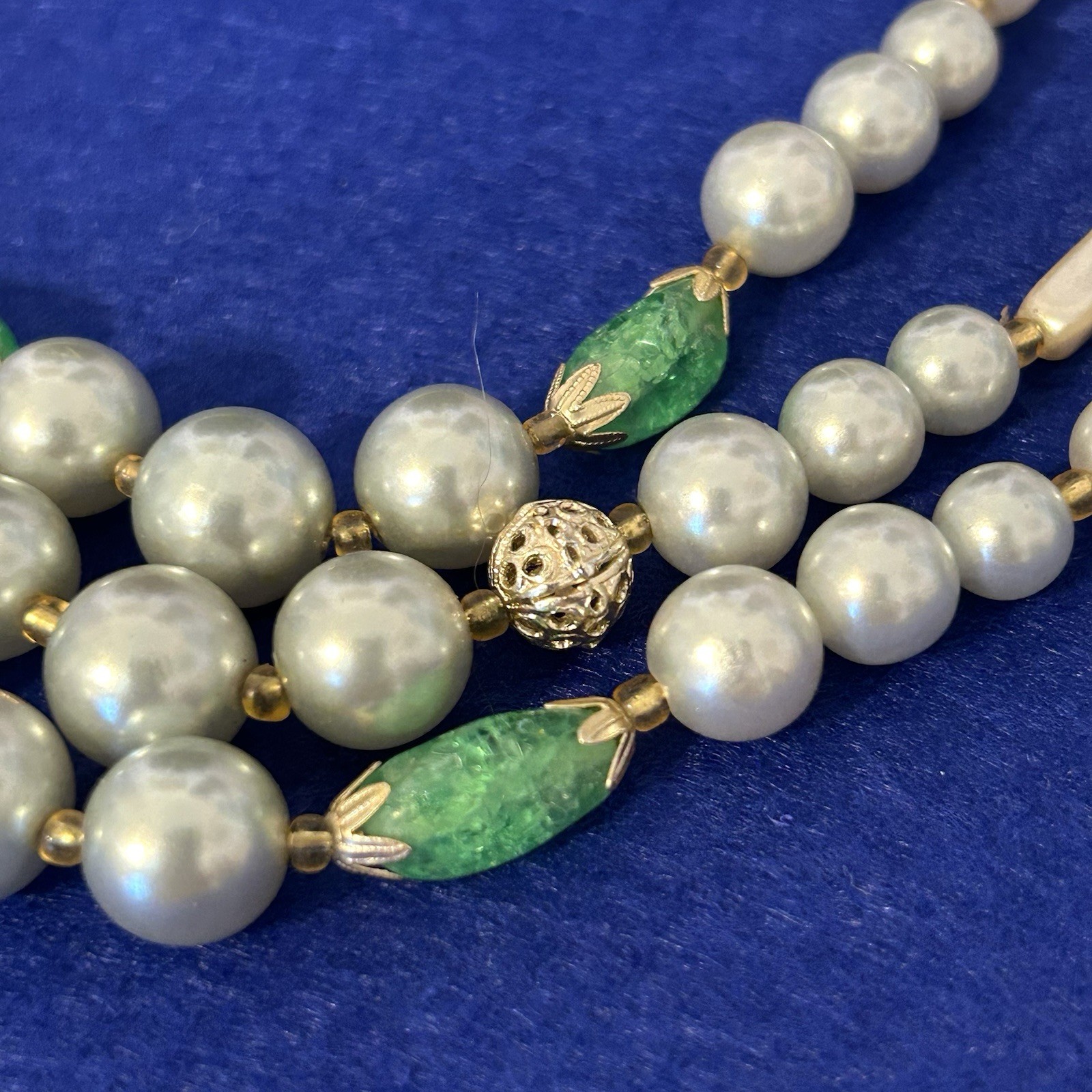 Vintage Beaded Necklace Japan Green Crackle Glass Kawaiicore Multi Strand 17”