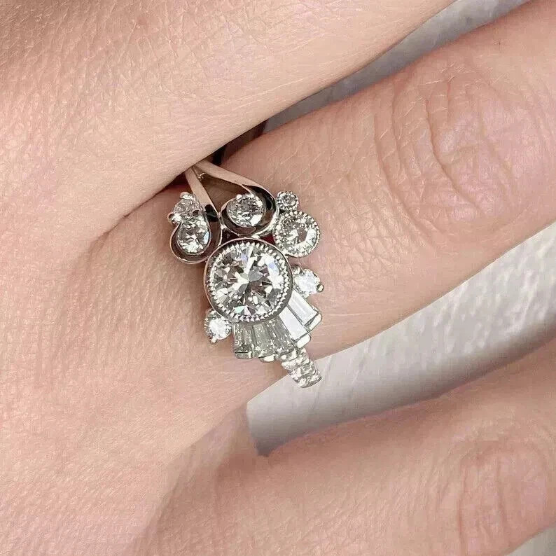Art Deco Style Lab Created Diamond Wedding & Engagement 14K White Gold FN Ring