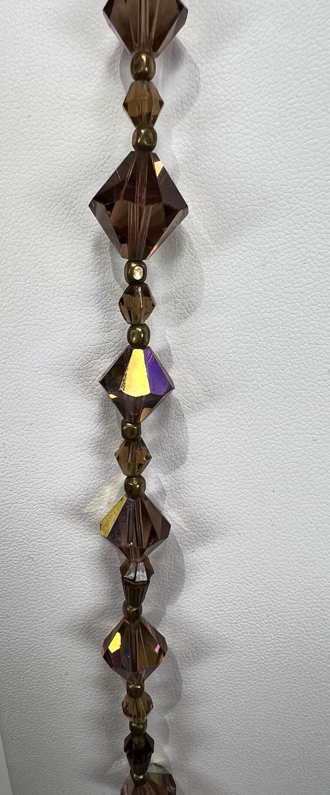 Vintage Faceted Bicone Crystal AB Bronze & Metal Spacers Long Graduated Necklace