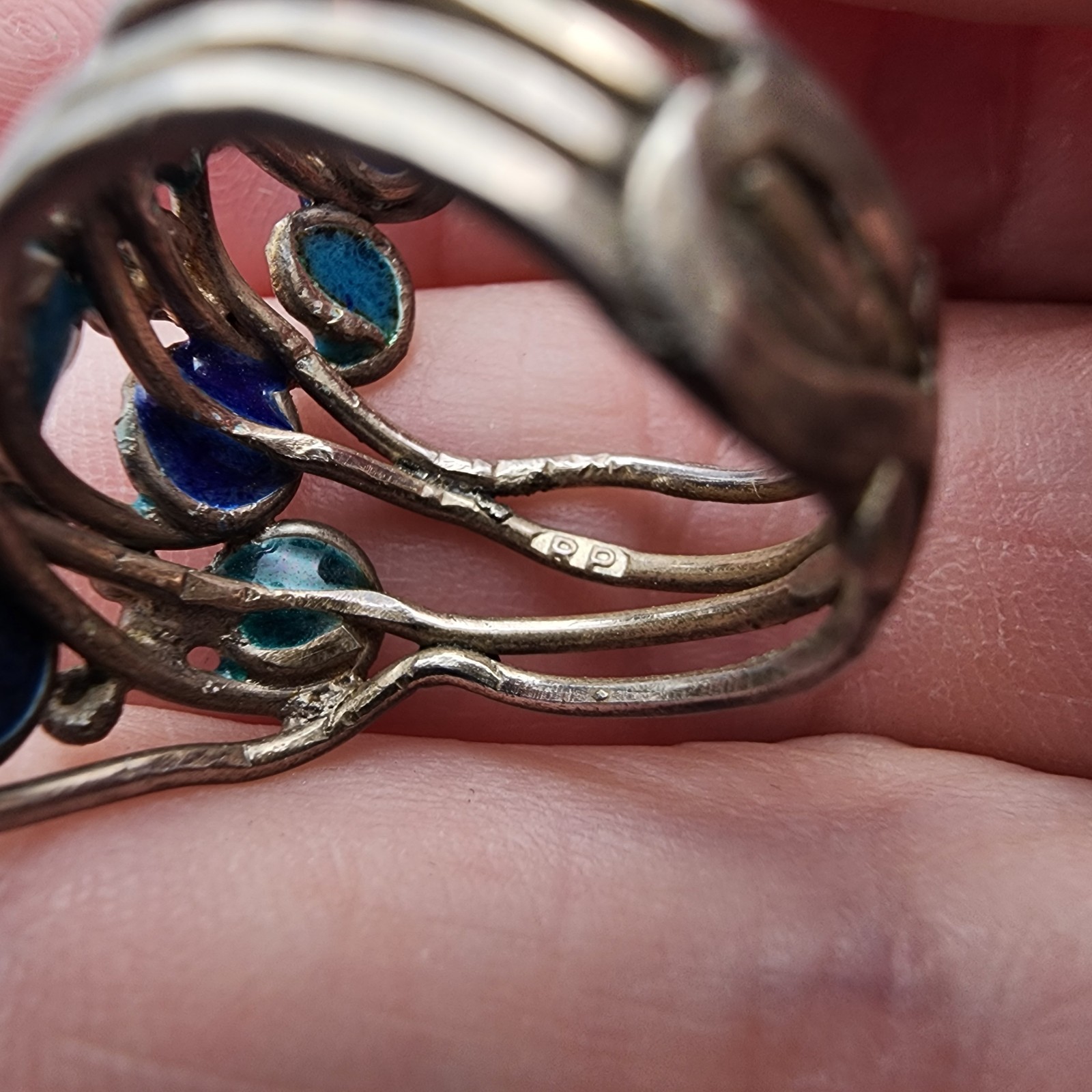 Vintage Signed RP Silver Teal Enamel Brutalist Multi Wire Strand Ring 7″