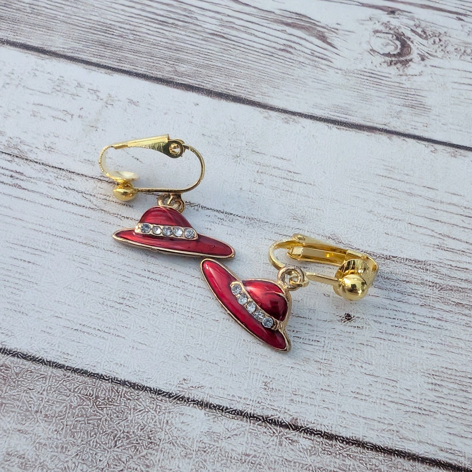 Vintage Clip On Earrings Red Hat Dangle