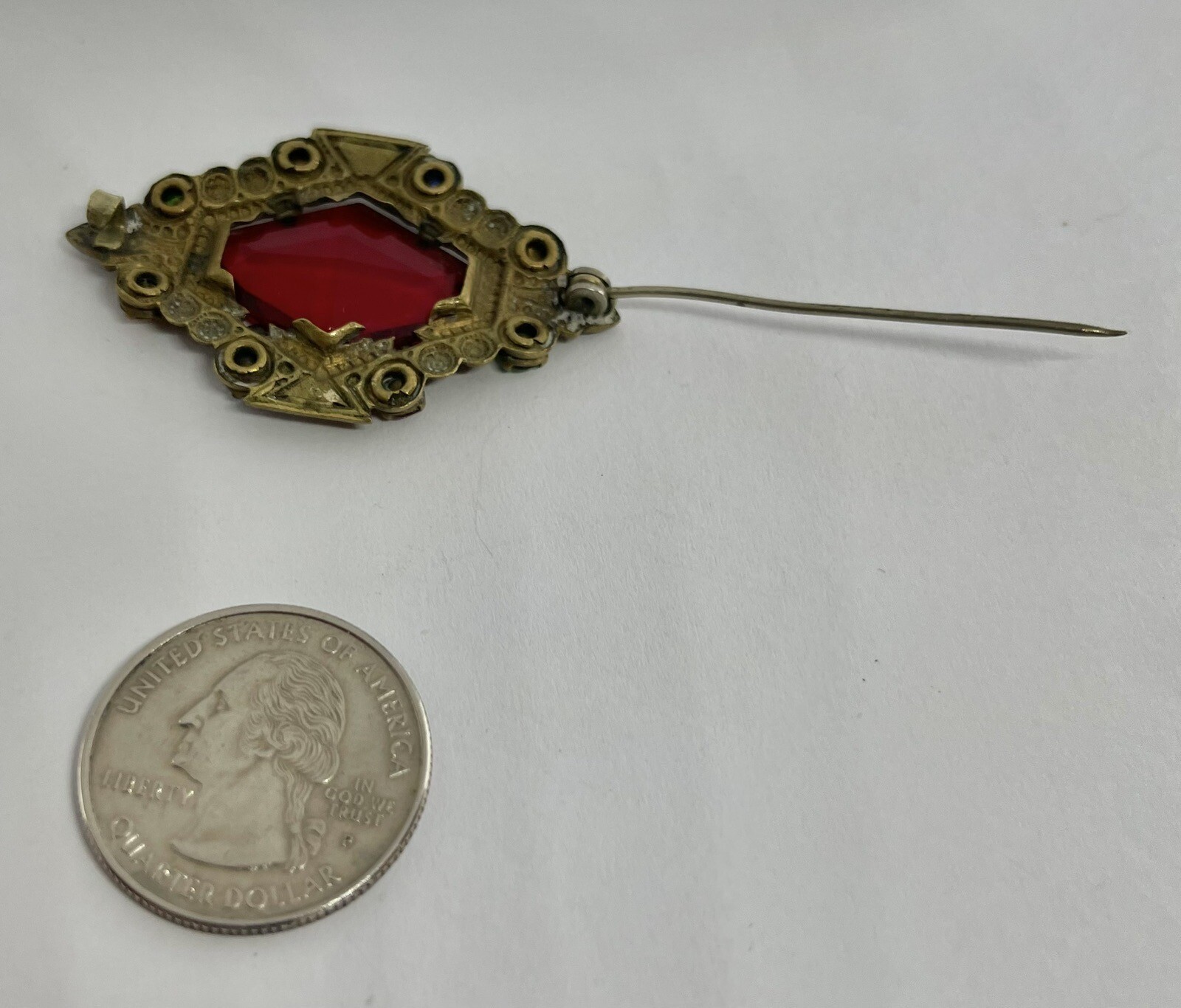 Antique Art Nouveau Red Lozenge Fruit Salad Czech Glass Goldtone Filigree Brooch