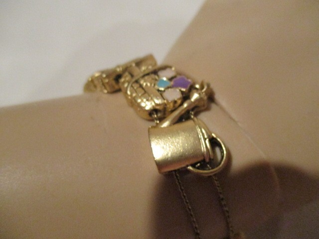 Vintage Brass & Enamel Gardening Slide Bracelet 7 1/4″ L x 3/4″ W