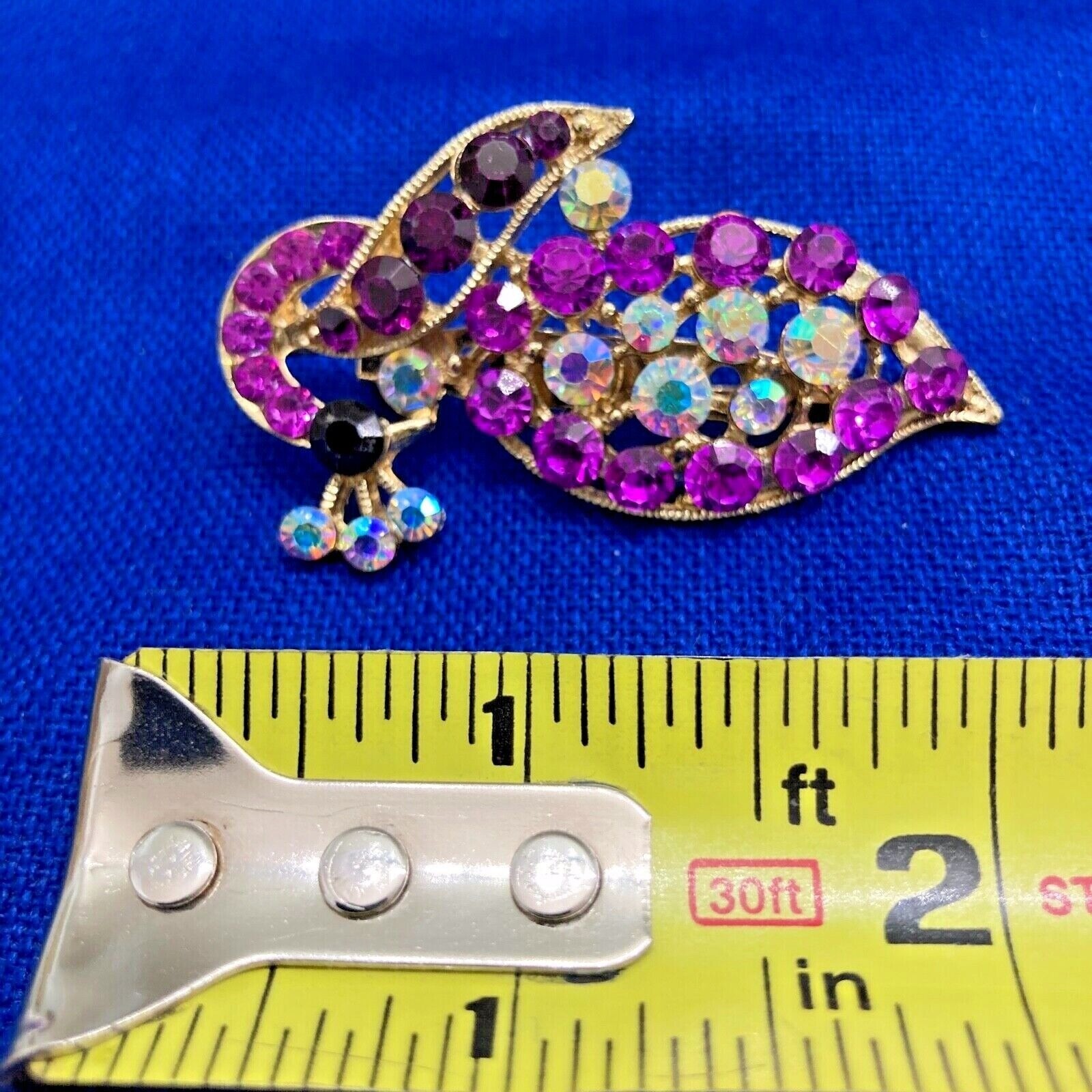 Vintage Peacock Bird Fuchsia Red Burgundy Rhinestones C-Catch Clasp Brooch USA
