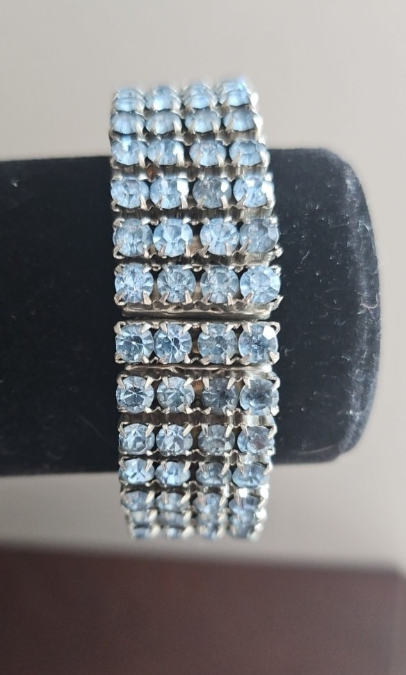 Expanding Blue Rhinestone Bracelet Heavy 4 Rows Across Stainless