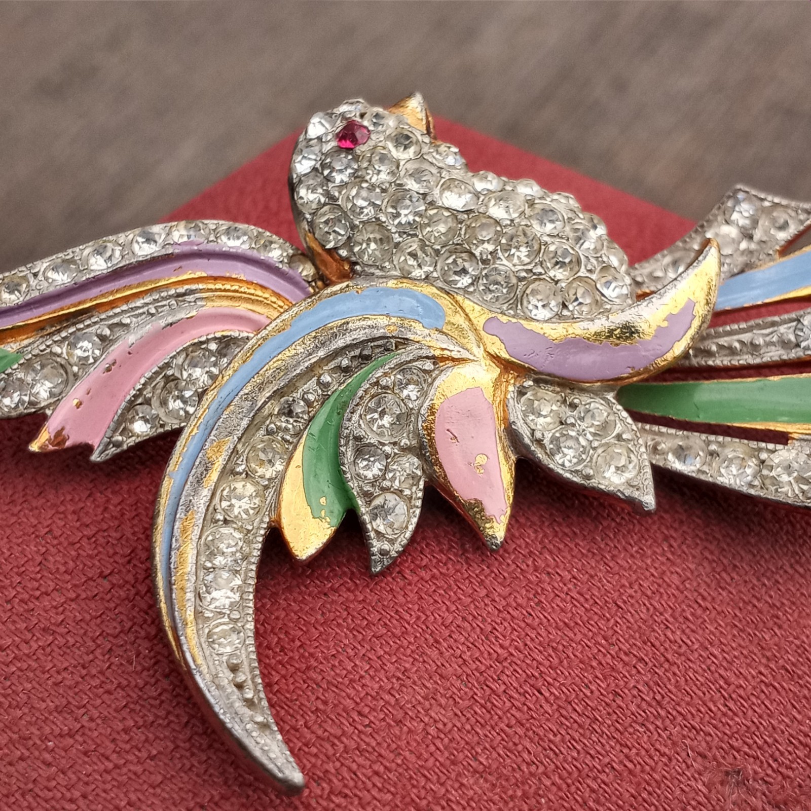 Vtg Coro? Clear Red Rhinestone Pink Blue Enameled Green Paradise Bird Brooch Pin