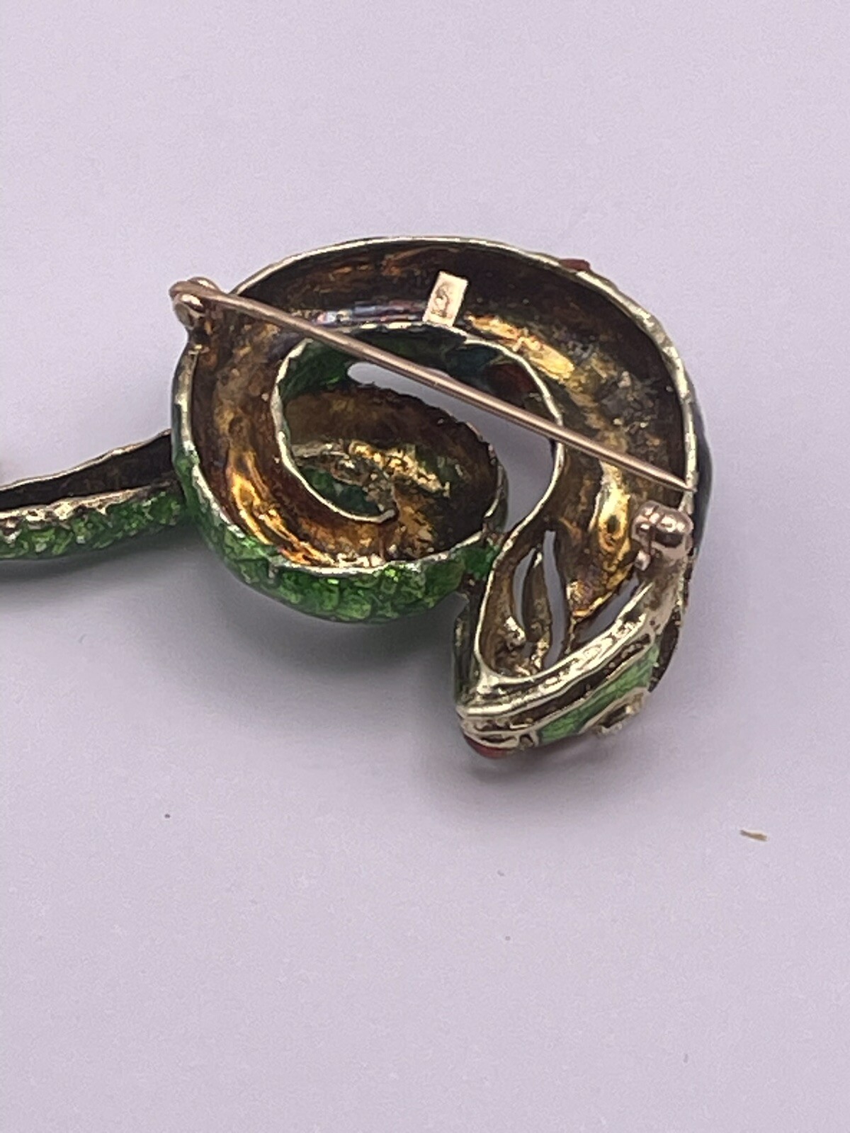 Vintage 14k Solid Gold Enameled Snake Brooch-pendant,Natural Diamond Eyes,21.4g