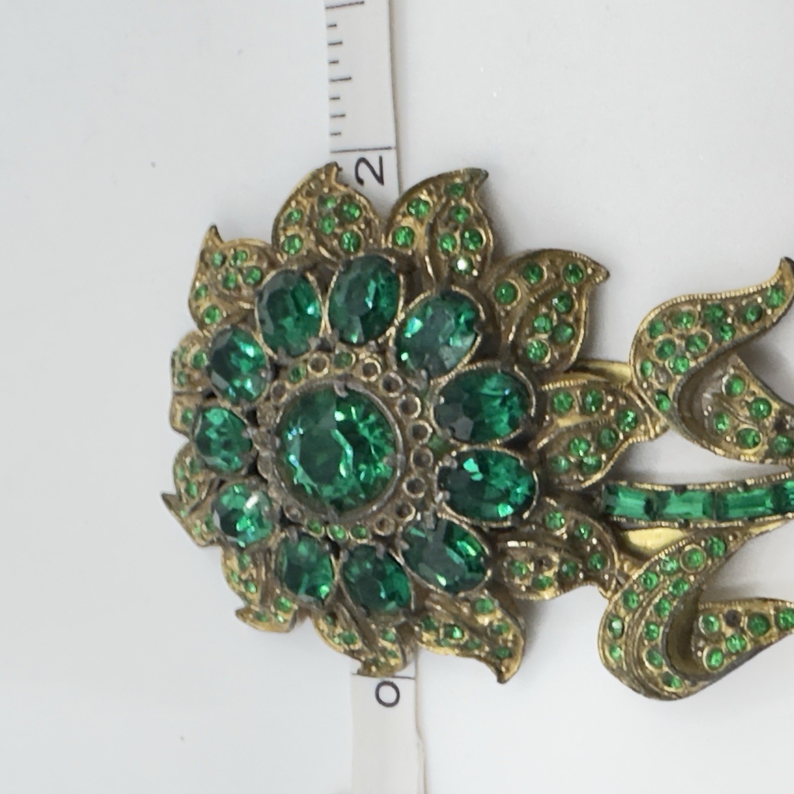 Vintage Pot Metal Dress Clip Flower Gold Tone Green Rhinestones 3″