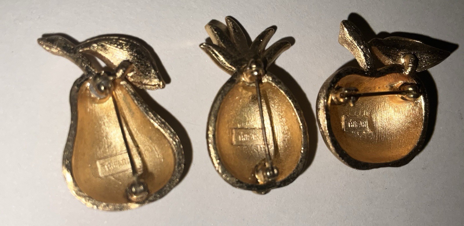 Vintage Signed Crown Trifari FRUIT Scatter Pins Pineapple, Apple And Pear 1”tall