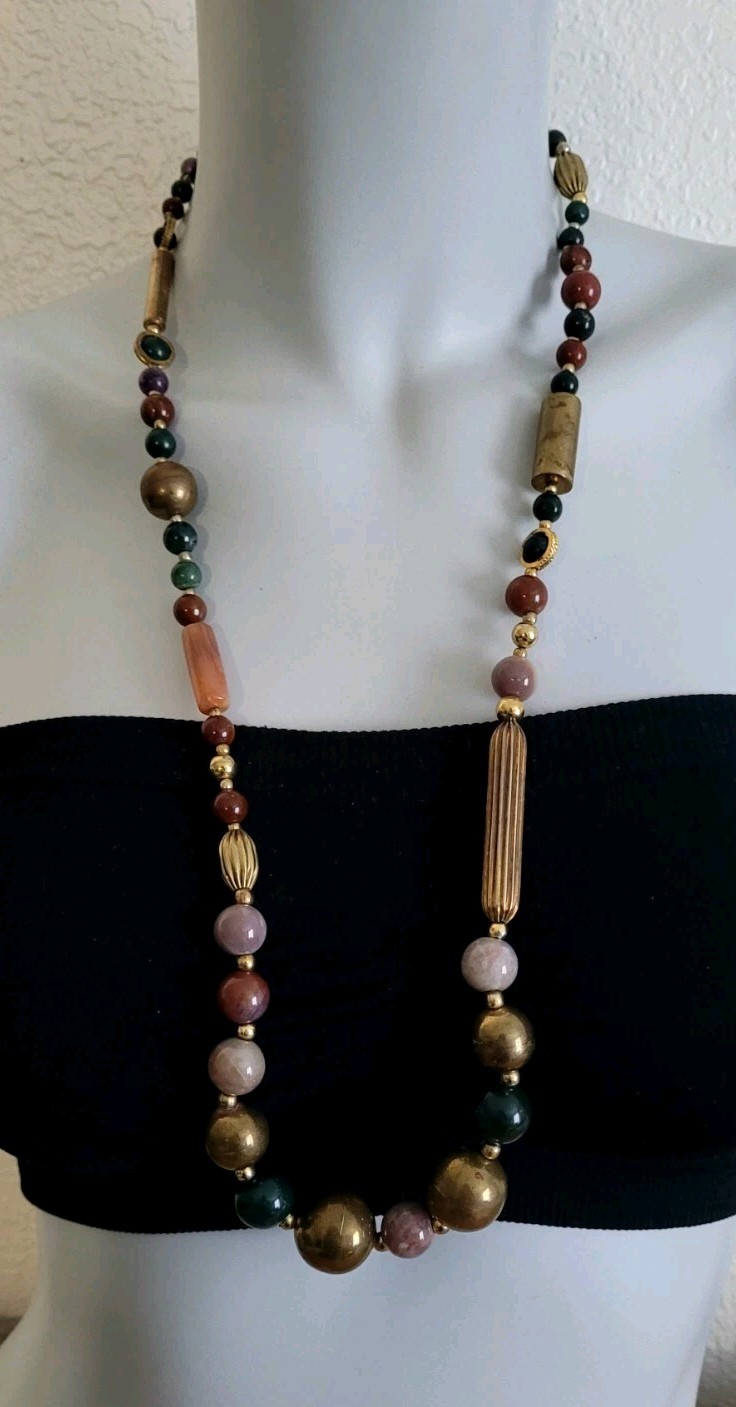 VTG LONG BEADED STATEMENT NECKLACE SEMI PRECIOUS GEM STONE + BRASS BEADS BOHO