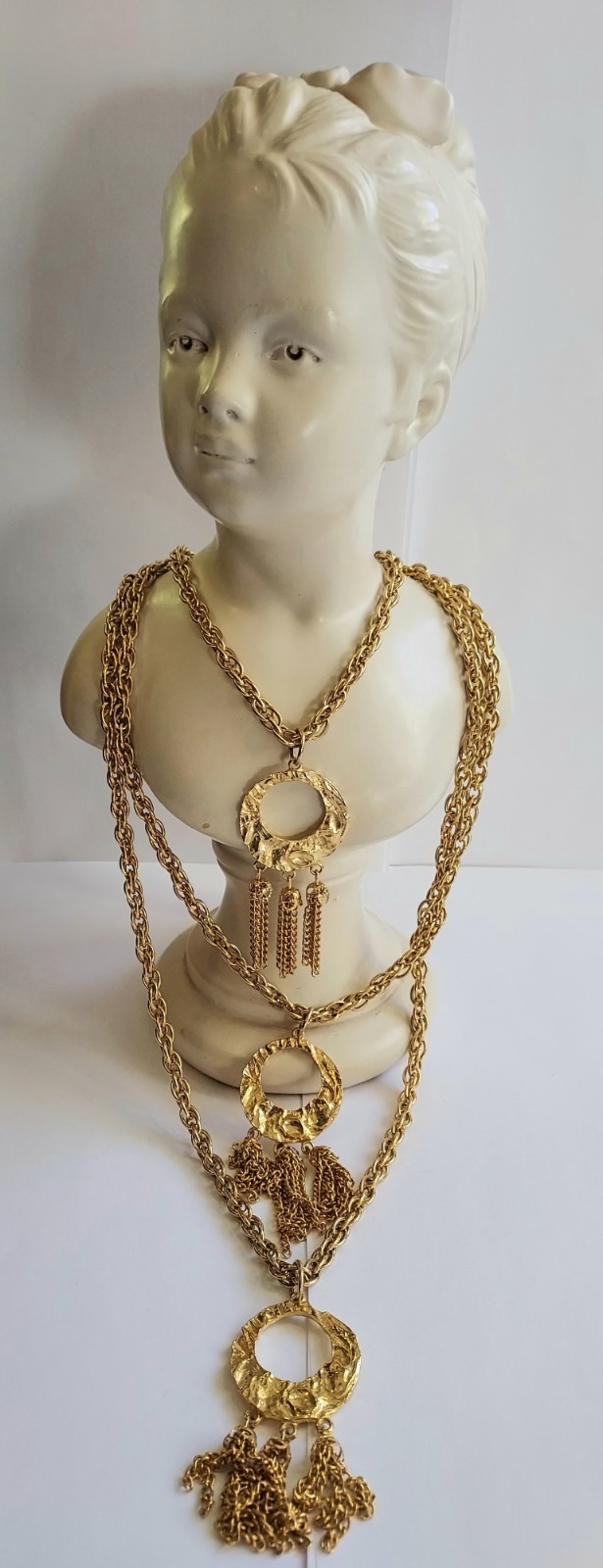 Vintage Multi Strand Festoon Tassel Necklace Circle Pendant Gold Tone Statement