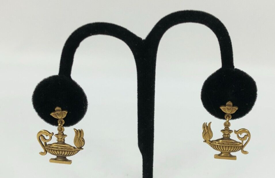 Vintage Alva Museum Replica Genie Lamp Gold Tone Pierced Earrings Dangle Kitsch