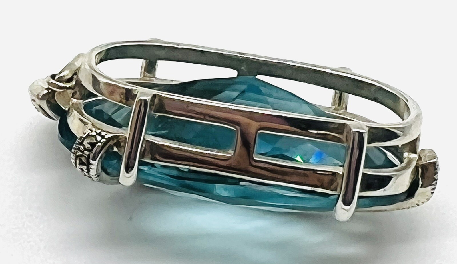 Necklace Blue Crystal Glass STERLING SILVER MARCASITE OVAL STONE NOS 1980’s