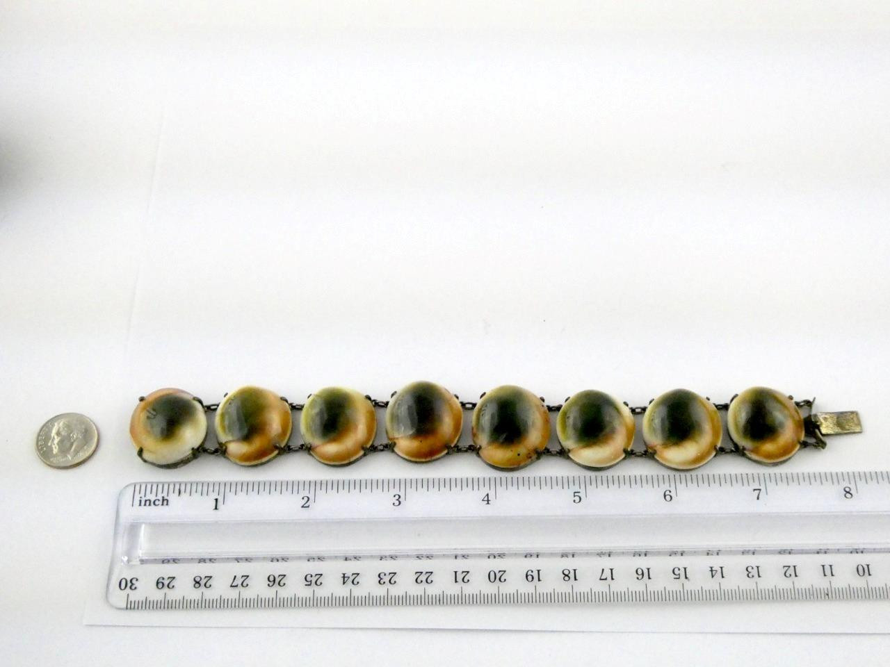 Vintage Operculum Snail Shell Panel Bracelet Unmarked Silver Toned Metal 7.25 In