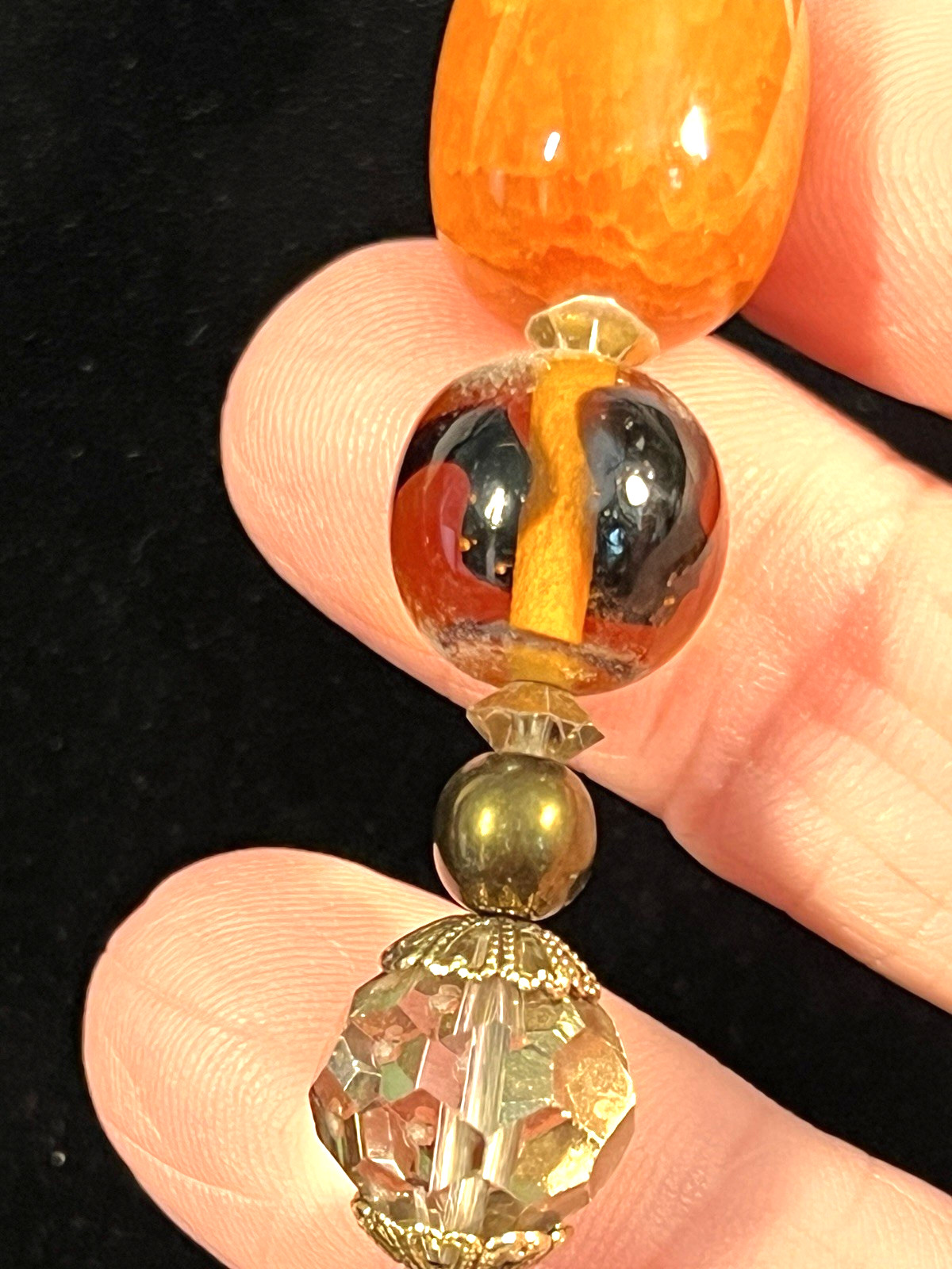 VTG Statement Fire Agate Carnelisn Glass Bead Pendent Necklace 26″ Earth Tones