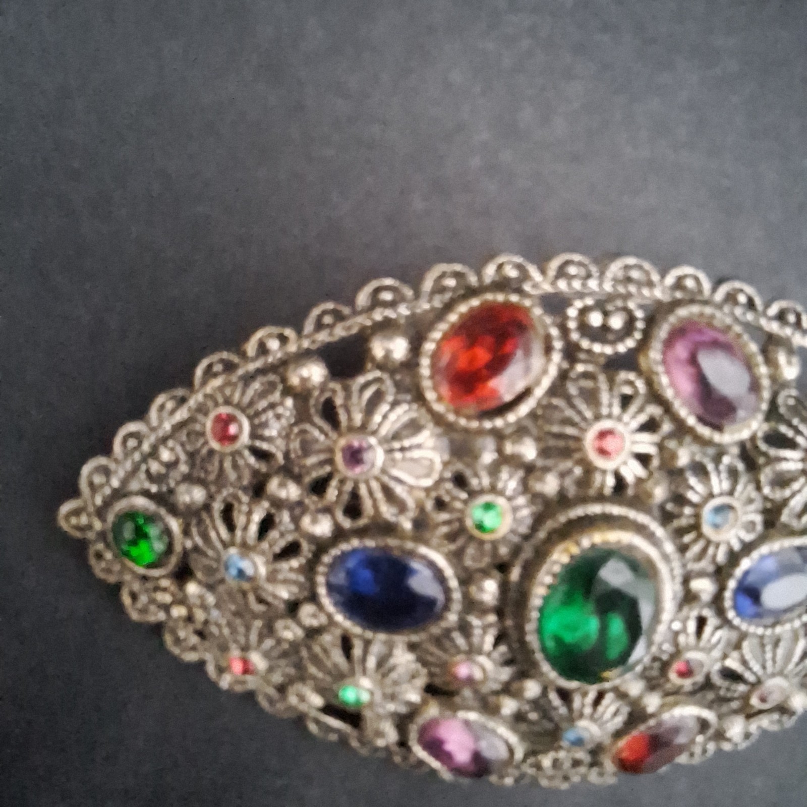New England Glass Works Brooch Silver Tone Floral Filigree Czech Rhinestones VTG