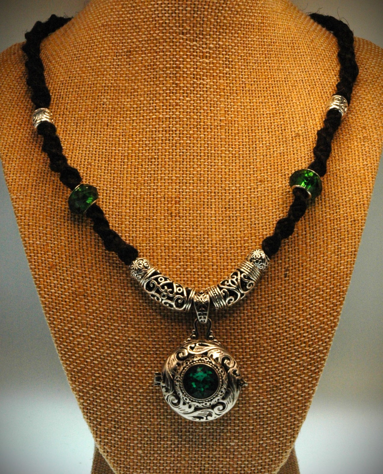 Antique Style Locket with a Green CZ Stone on 20 1/4″ Black Handmade Hemp Chain