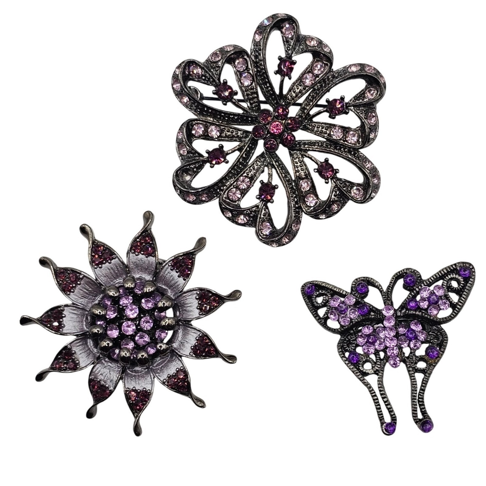 Rhinestone Floral Butterfly Brooch Pin Set 3pc Purple Pink Gunmetal Whimsigoth