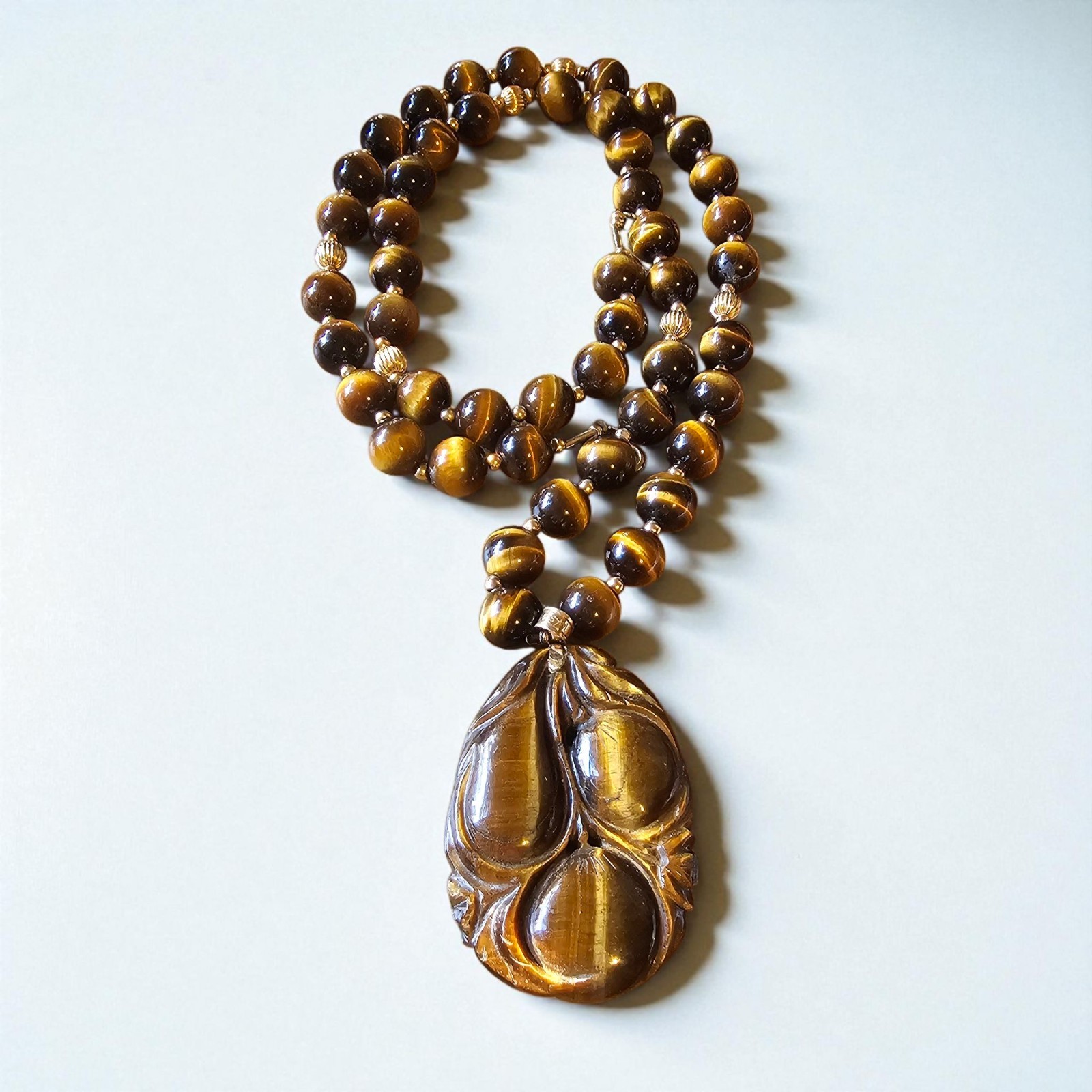 14k Gold Tigers Eye Carved Peach Floral 2″ Pendant 26″ NECKLACE 96 GR