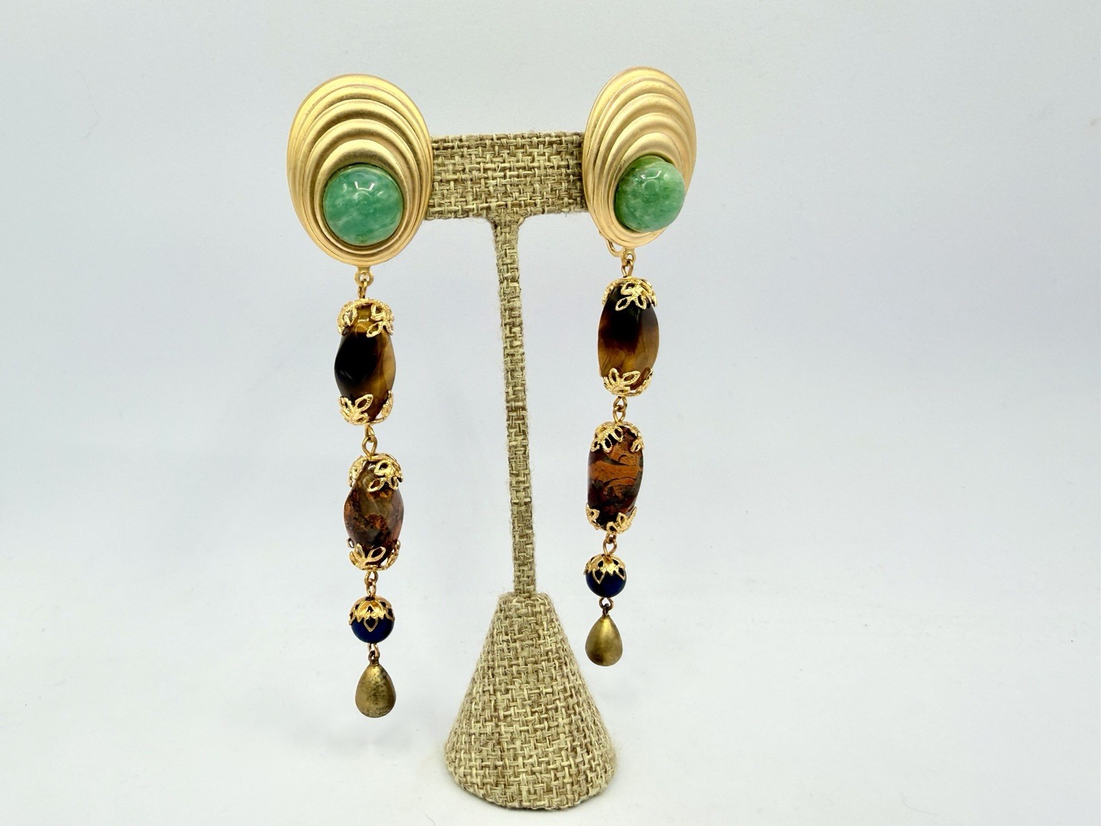 Vintage Gold Green Red Brown Long Gemstone Bead Dangle Earrings RO-DO NOS PY