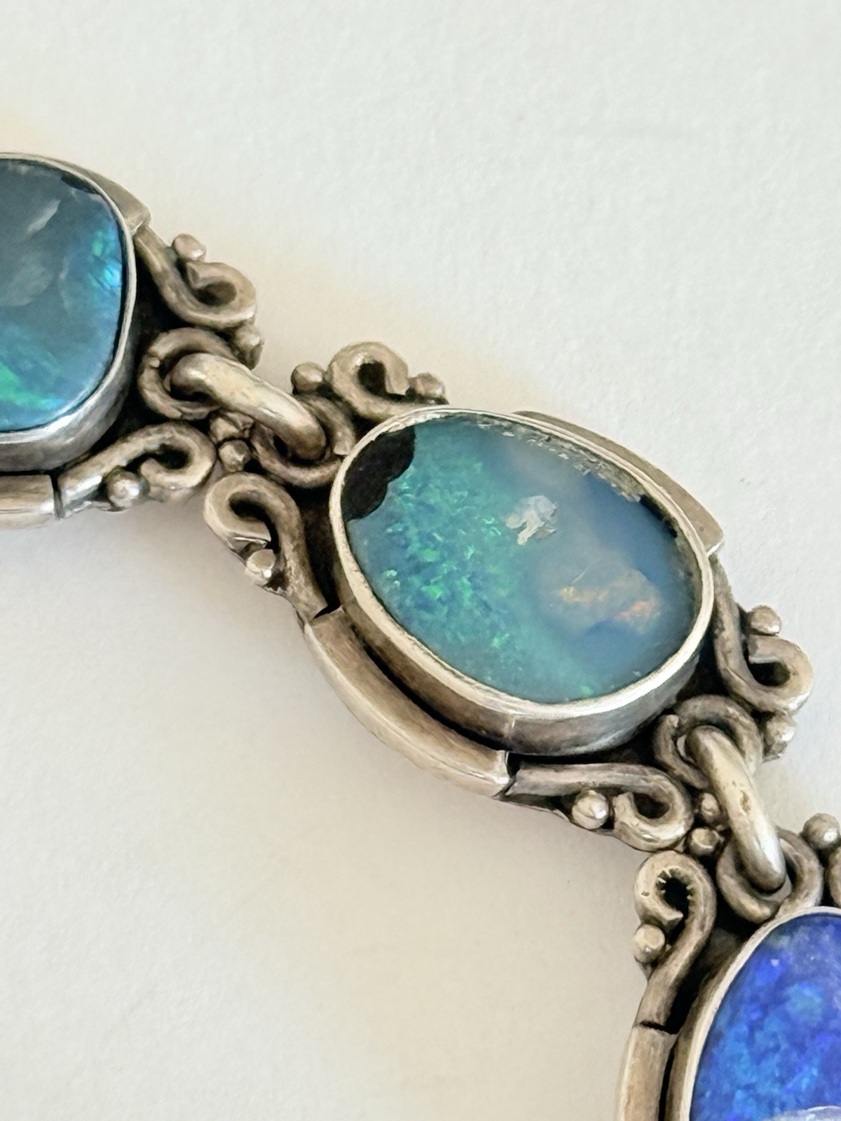Vintage Sterling Silver Blue Australian Opal Link Bracelet 7”