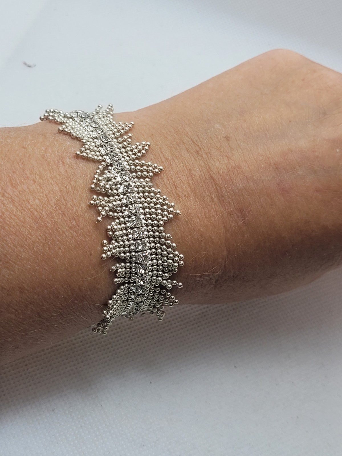 Vintage Silver Tone beaded fringe stretch bracelet with crystals.