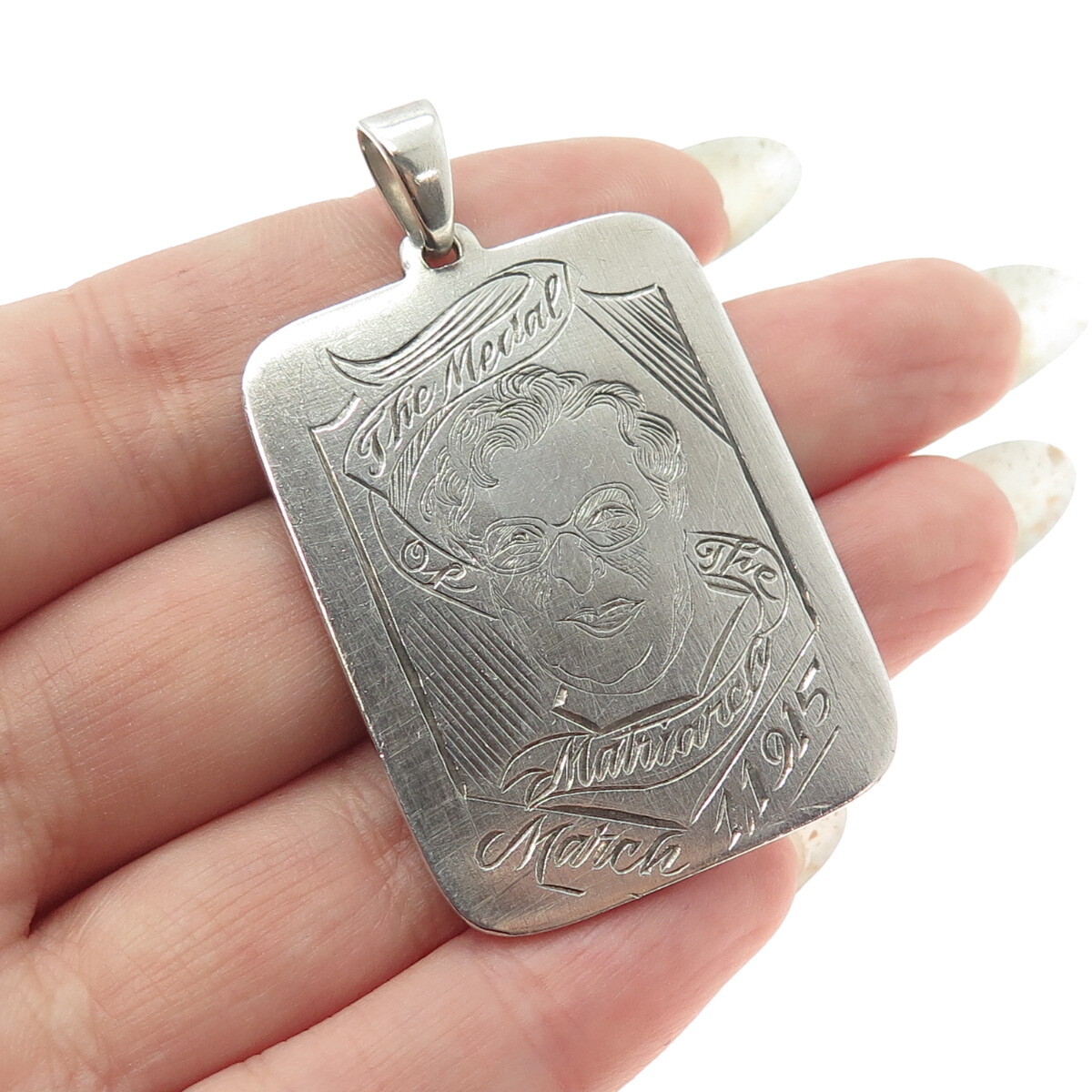 925 Sterling Silver Antique 1915 “The Medal of The Matriarch” Engraved Pendant