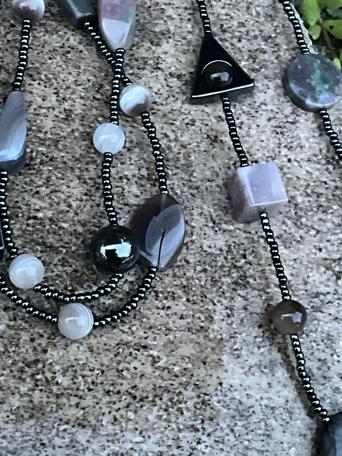 Vintage Gray Black Stone Modernist Bead Necklace Jewelry