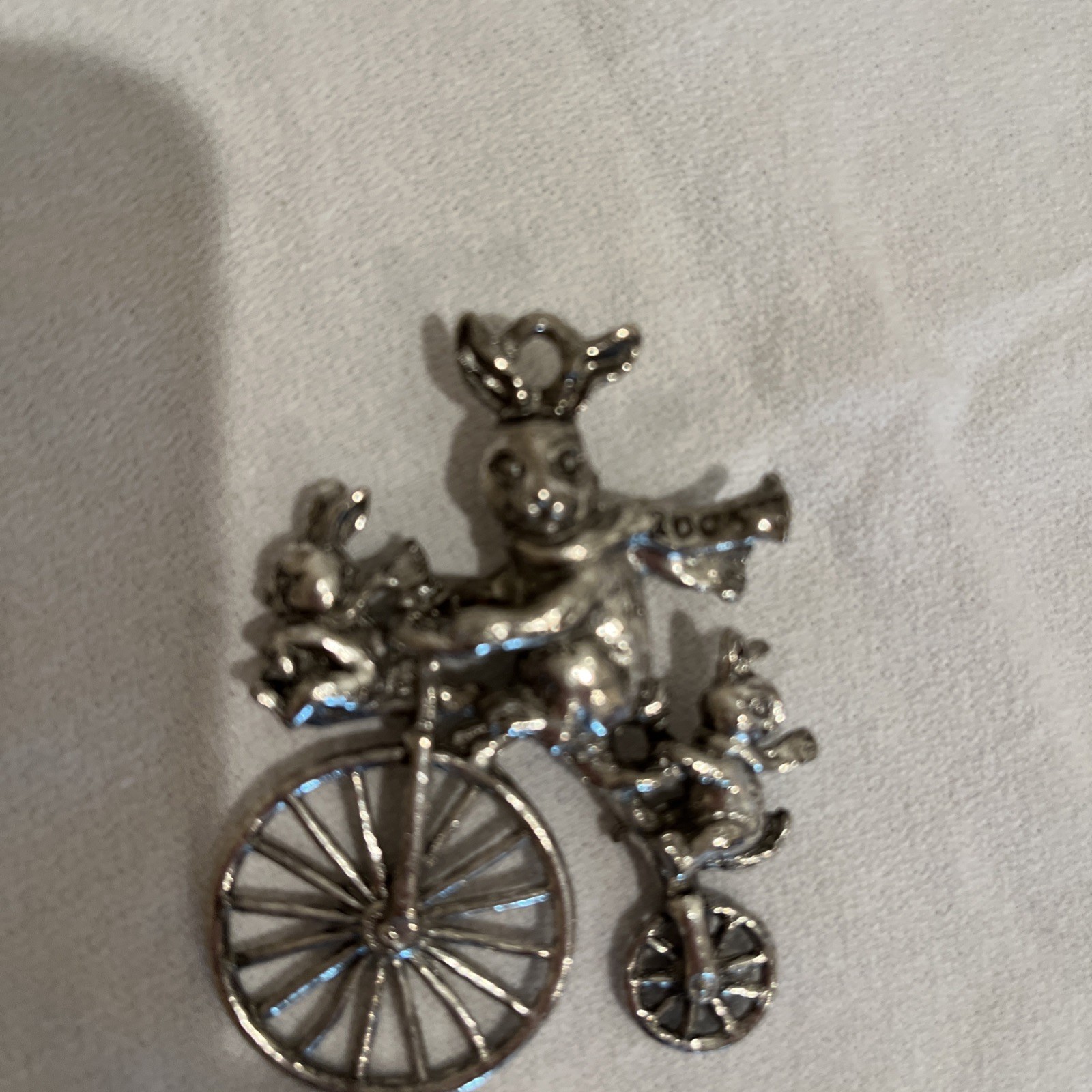 Vintage 2005 Bunny Trio On Penny-Farthing Type Bicycle 2” Pewter Pendant