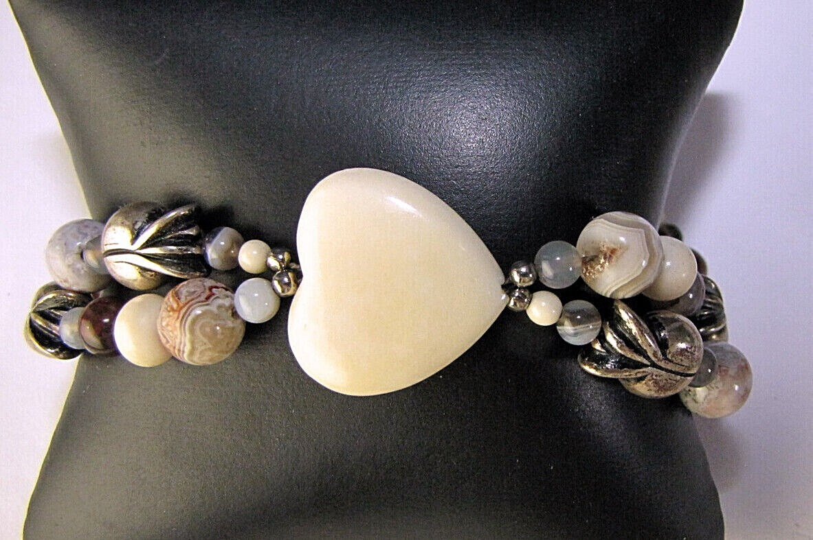 Beaded Bracelet Vintage Sterling Silver Stone Heart & Round Beads 8.5″ Long