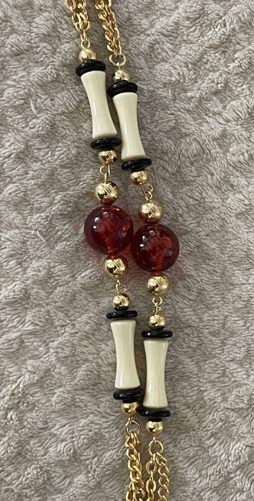 Vintage 24” Gold Tone Black, Cream & Amber Colored Beads Necklace