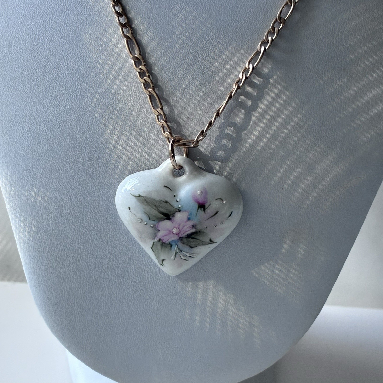 Vintage Ceramic Porcelain Heart Pendant Necklace Floral Cottage Hand Painted 80s