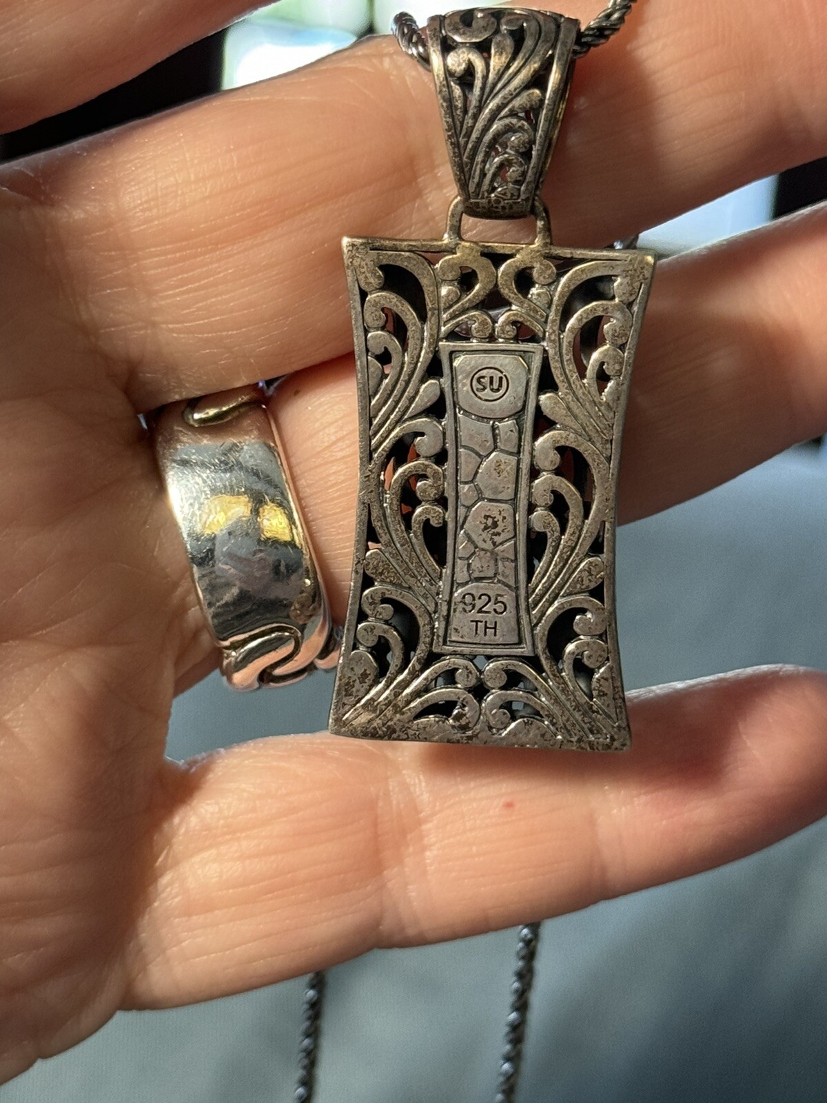 Art Nouveau Necklace 925 Sterling VTG 3/4 In Bale 17.5 In Drop 1.5 In Pendant