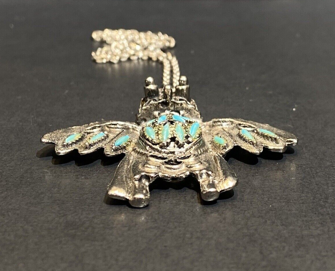 VTG Thunderbird Kachina Pendant Necklace Faux Turquoise Silver Tone Southwestern