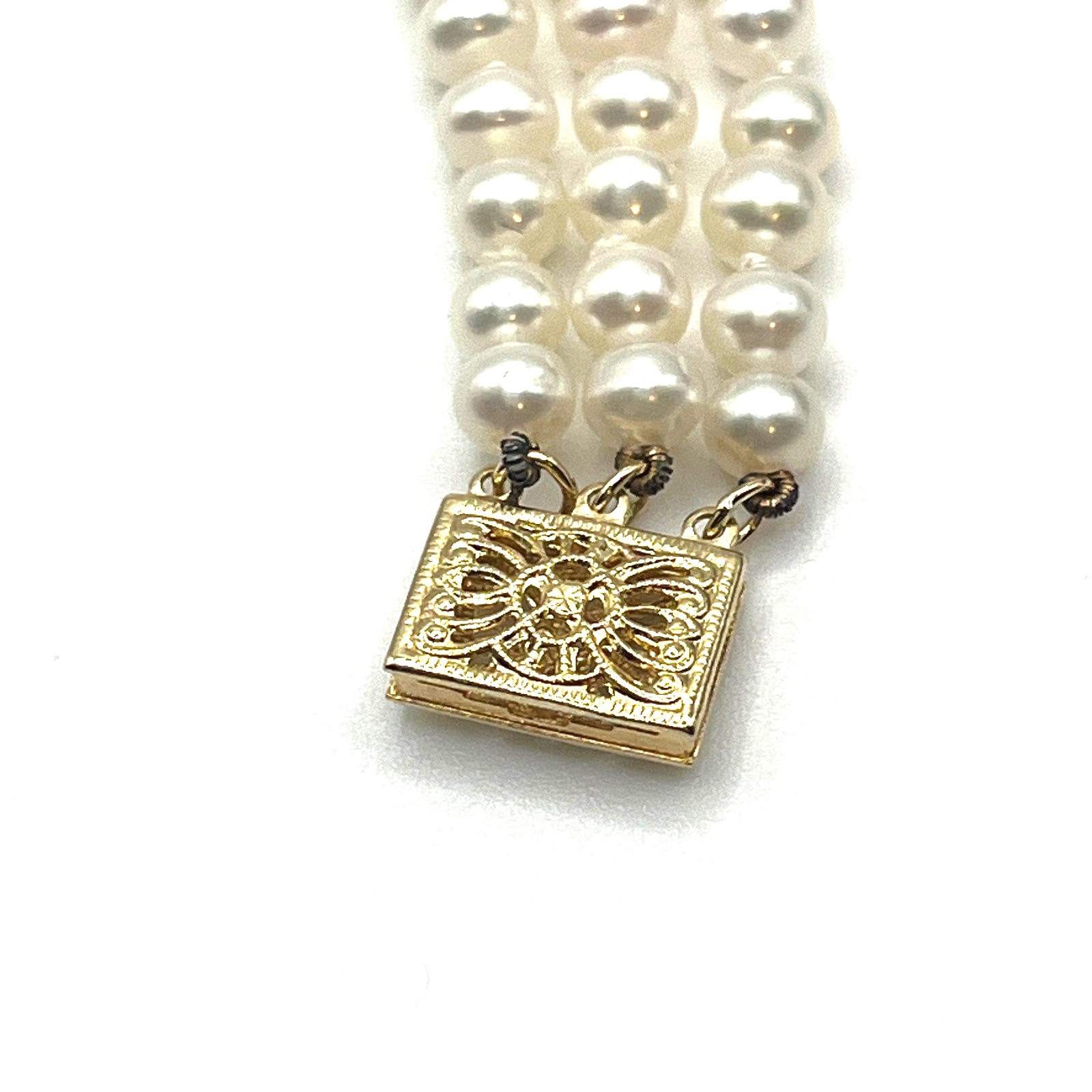 Estate Pearl Bracelet Sz 6.5 Triple Strand 4mm Push Clasp 14K Gold Clasp Spacers