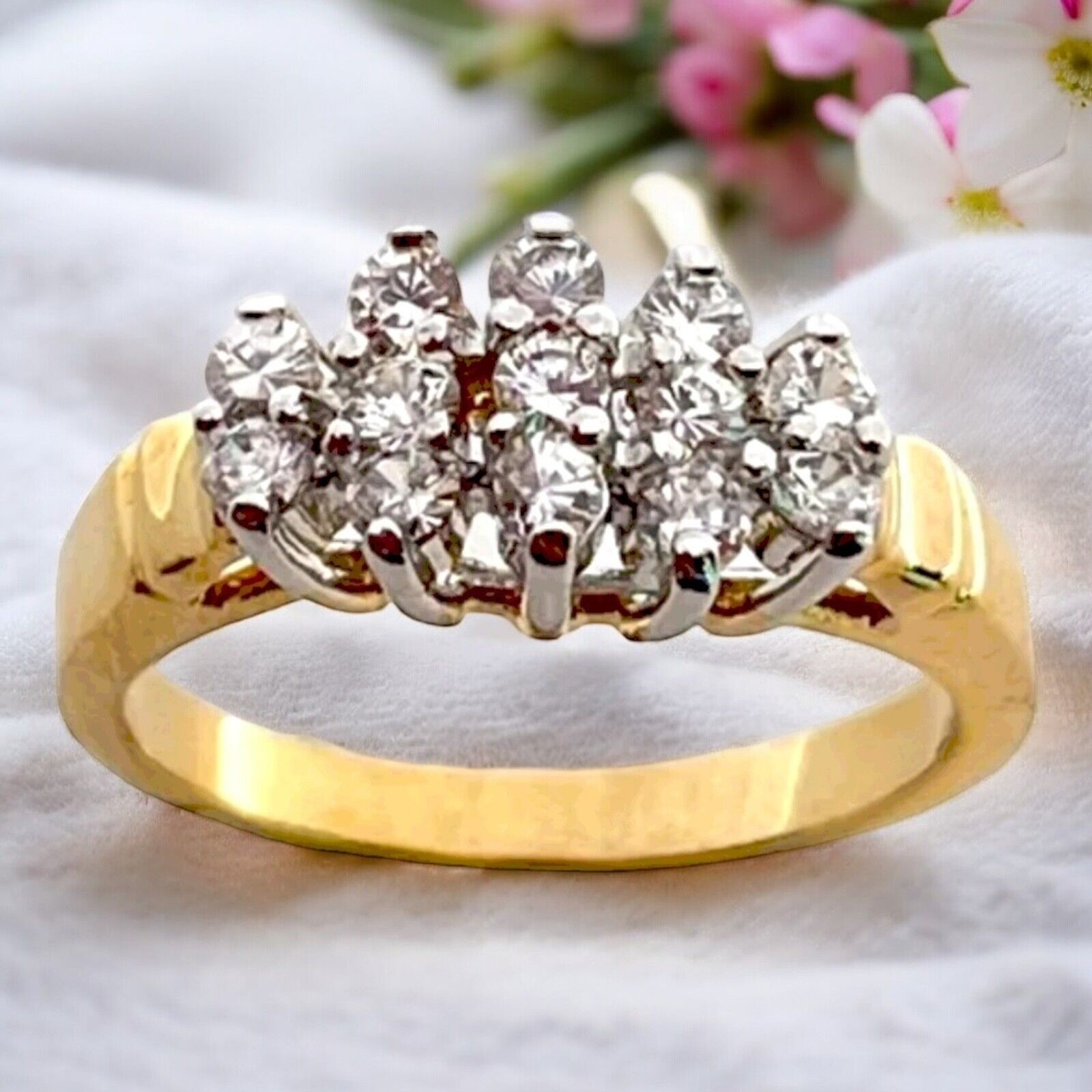 Vintage 1970s Ring Size 5 CZ Cluster Prong Set Gold Plated Cocktail – 14H
