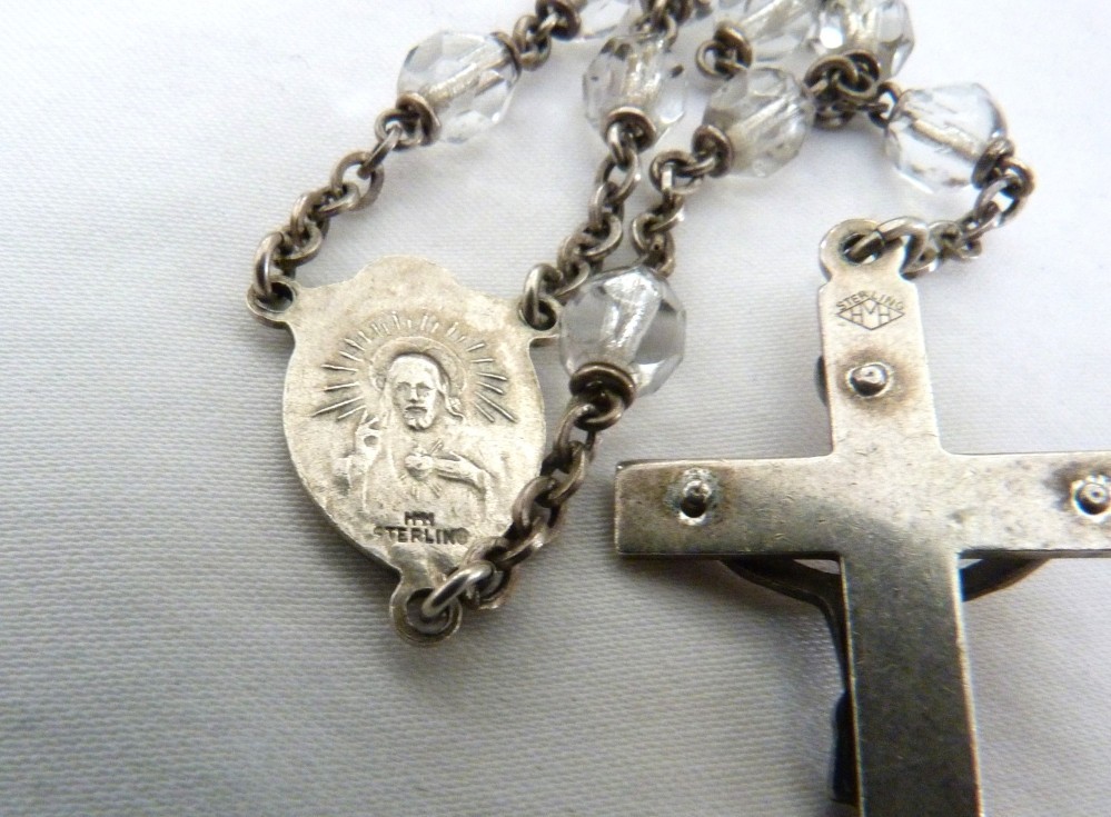 VINTAGE HMH STERLING SILVER SACRED HEART OF JESUS MARY CRYSTAL BEADS ROSARY