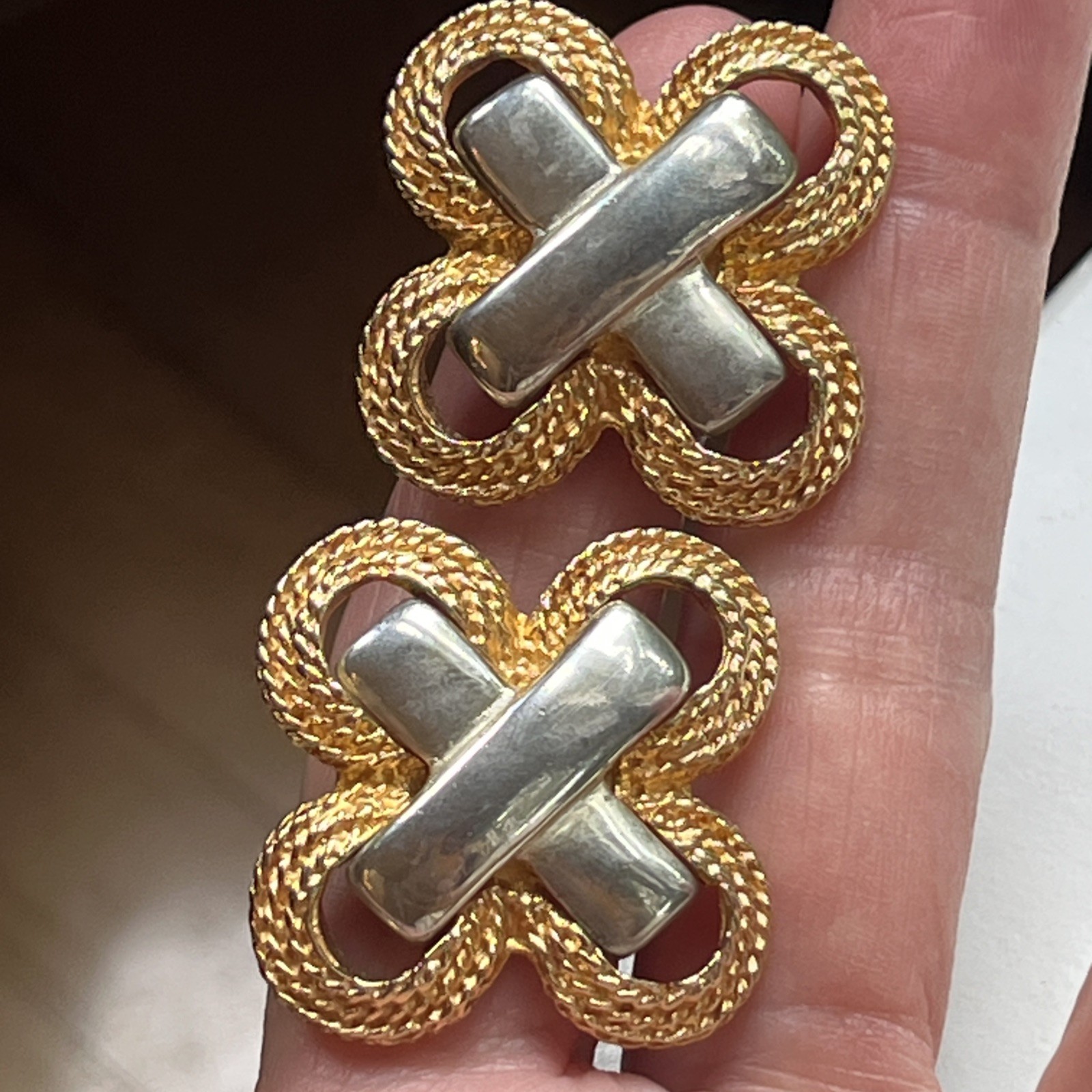 Vintage Gay Boyer Two Tone Gold Silver Braided Statement Clip On Earrings 1980s