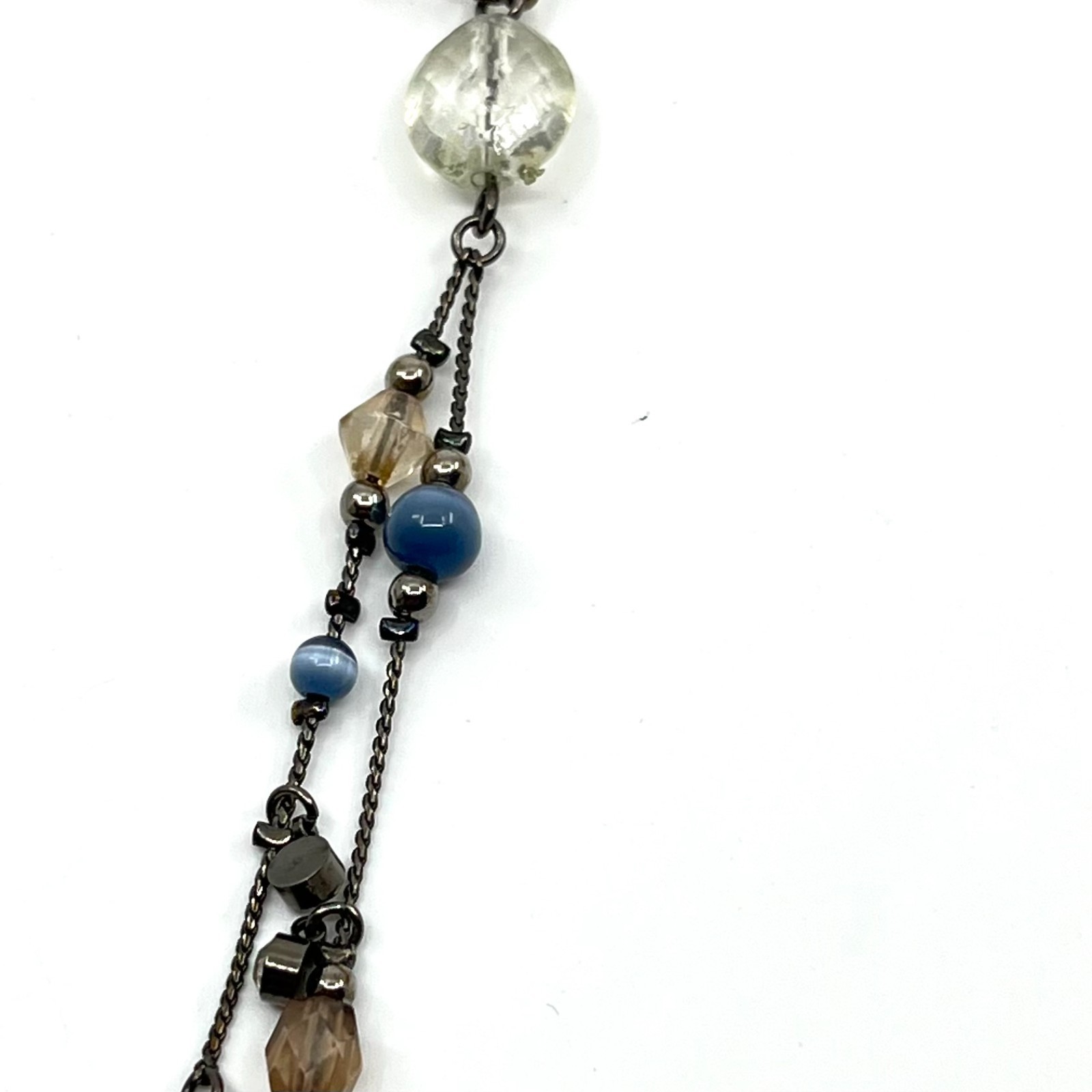 Vintage Y2K Gunmetal Blue Beaded Y-Necklace Tassel Drop Boho Aesthetic Classic