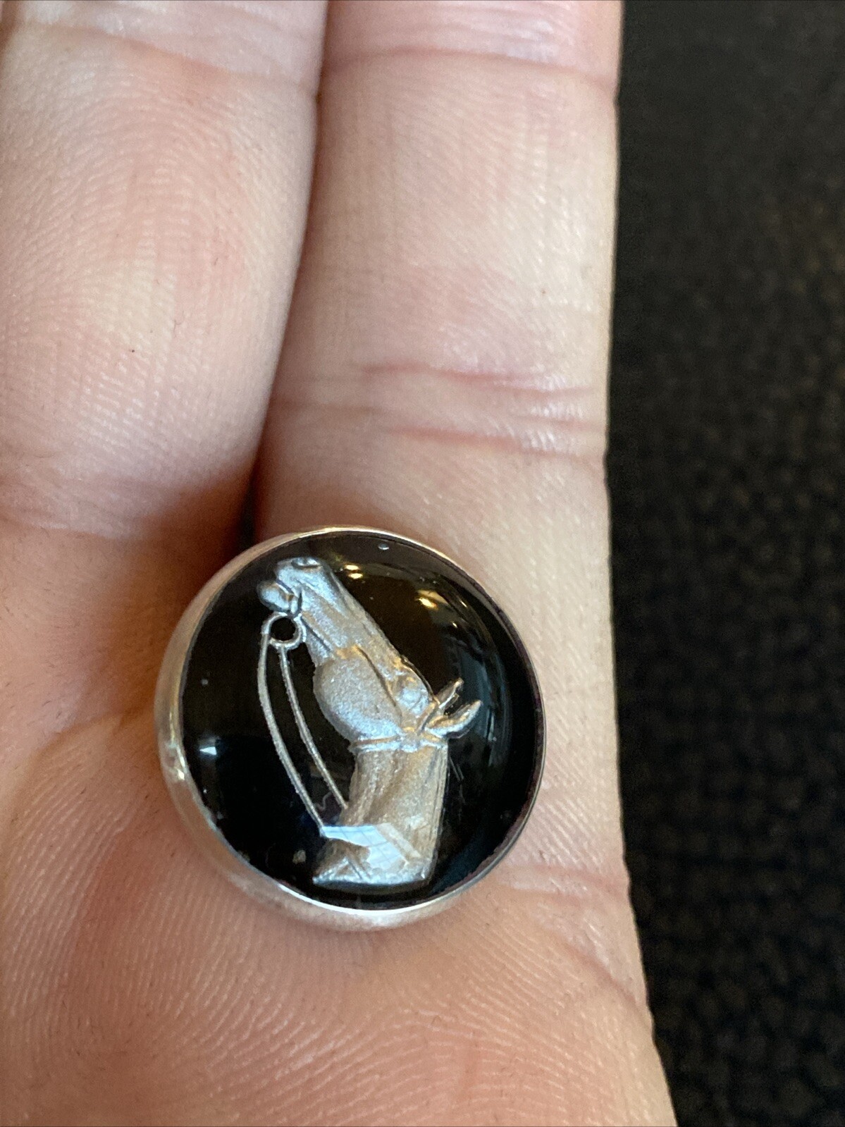 Antique Bubble Goofus Glass Reverse Painted Carved Intaglio Horse Equestrian Pin