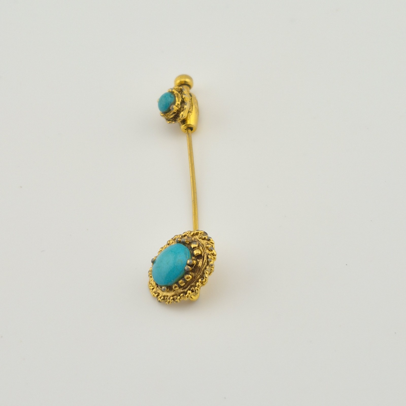 Vintage Ornate Gold Tone Turquoise Stick Pin Lapel Hat Pin with Safety Clutch