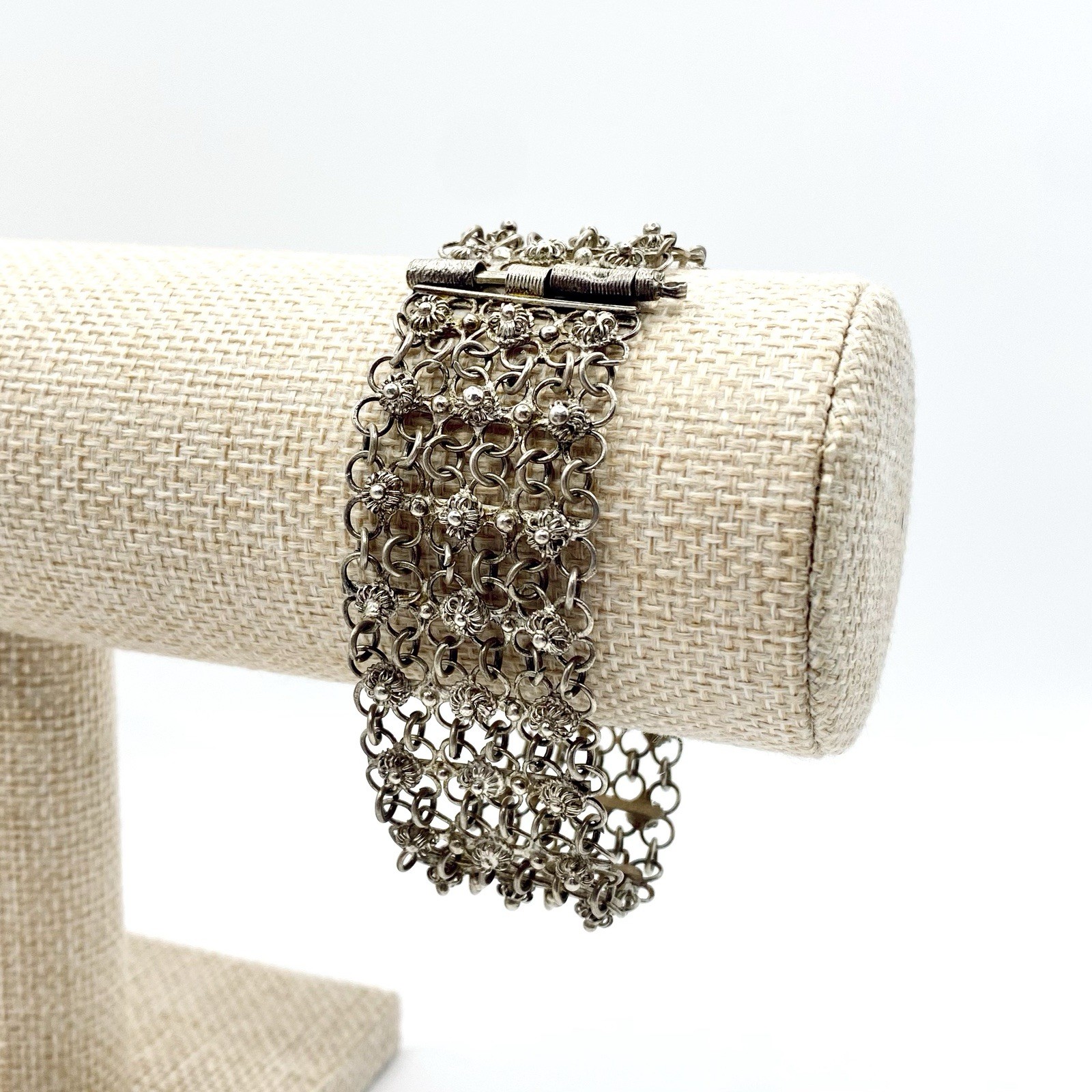 Vintage Sterling Silver Cannetille Filigree Link Bracelet Mesh Etruscan Revival