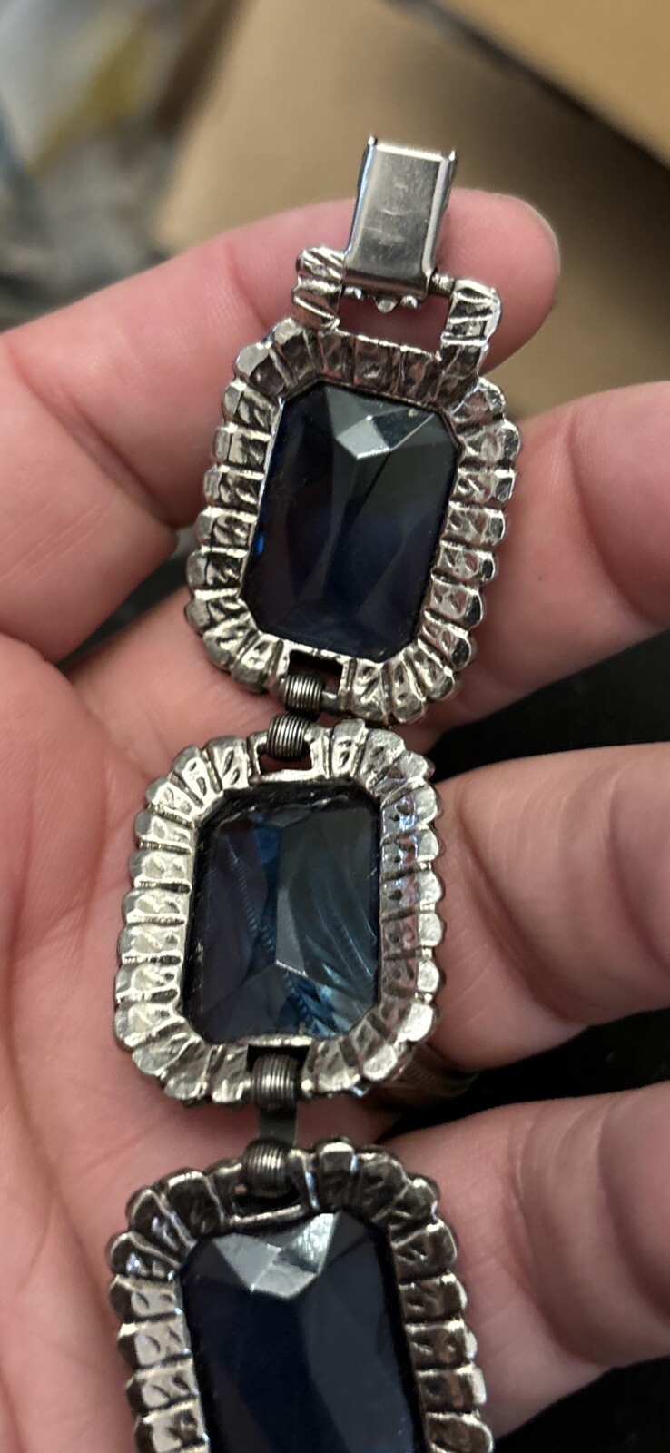 Vintage Blue Crystal Silver Tone Link Bracelet Floral 7 1/2”