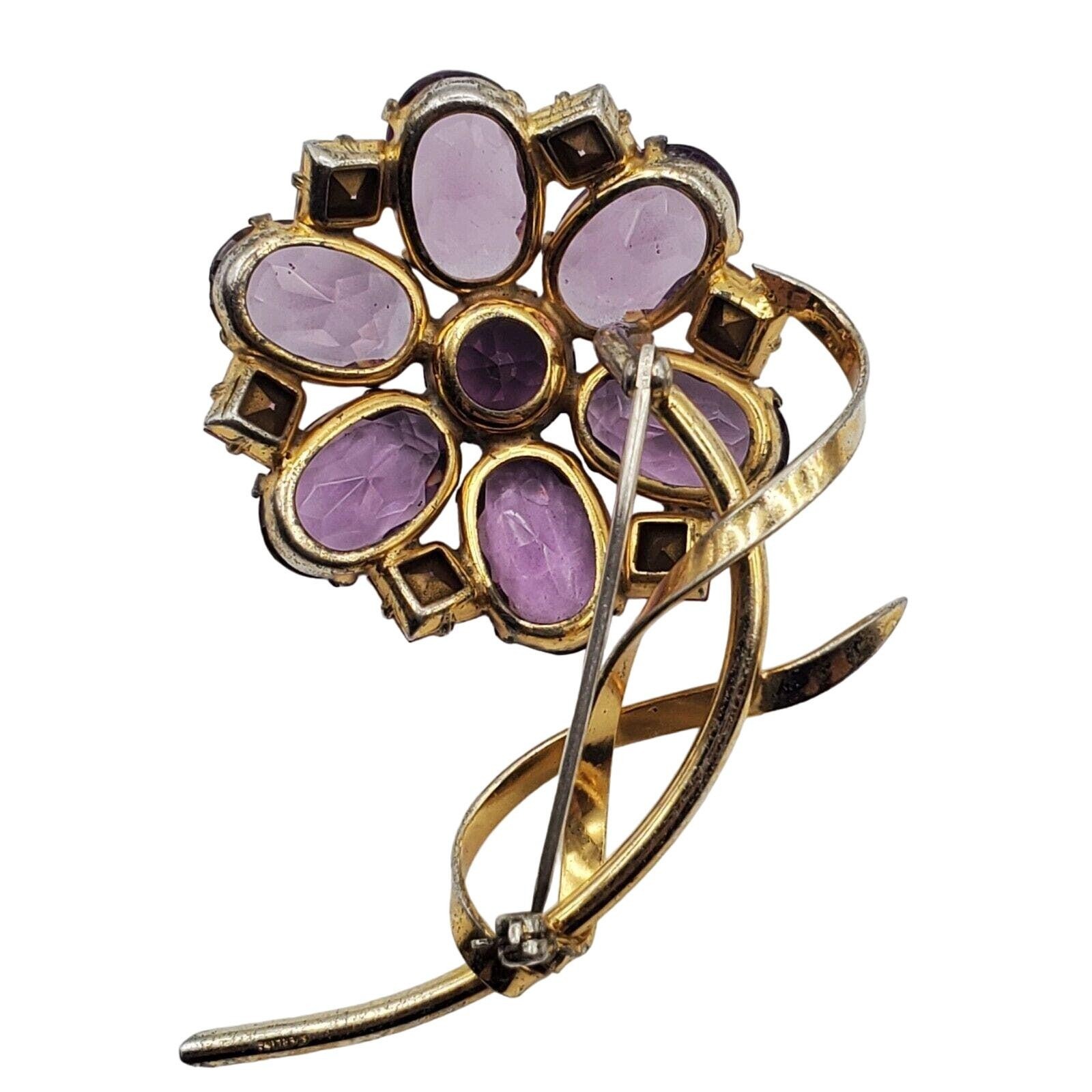 Flower Brooch Gold Vermeil Sterling Silver Pin Purple Glass Pink Rhinestone 40s